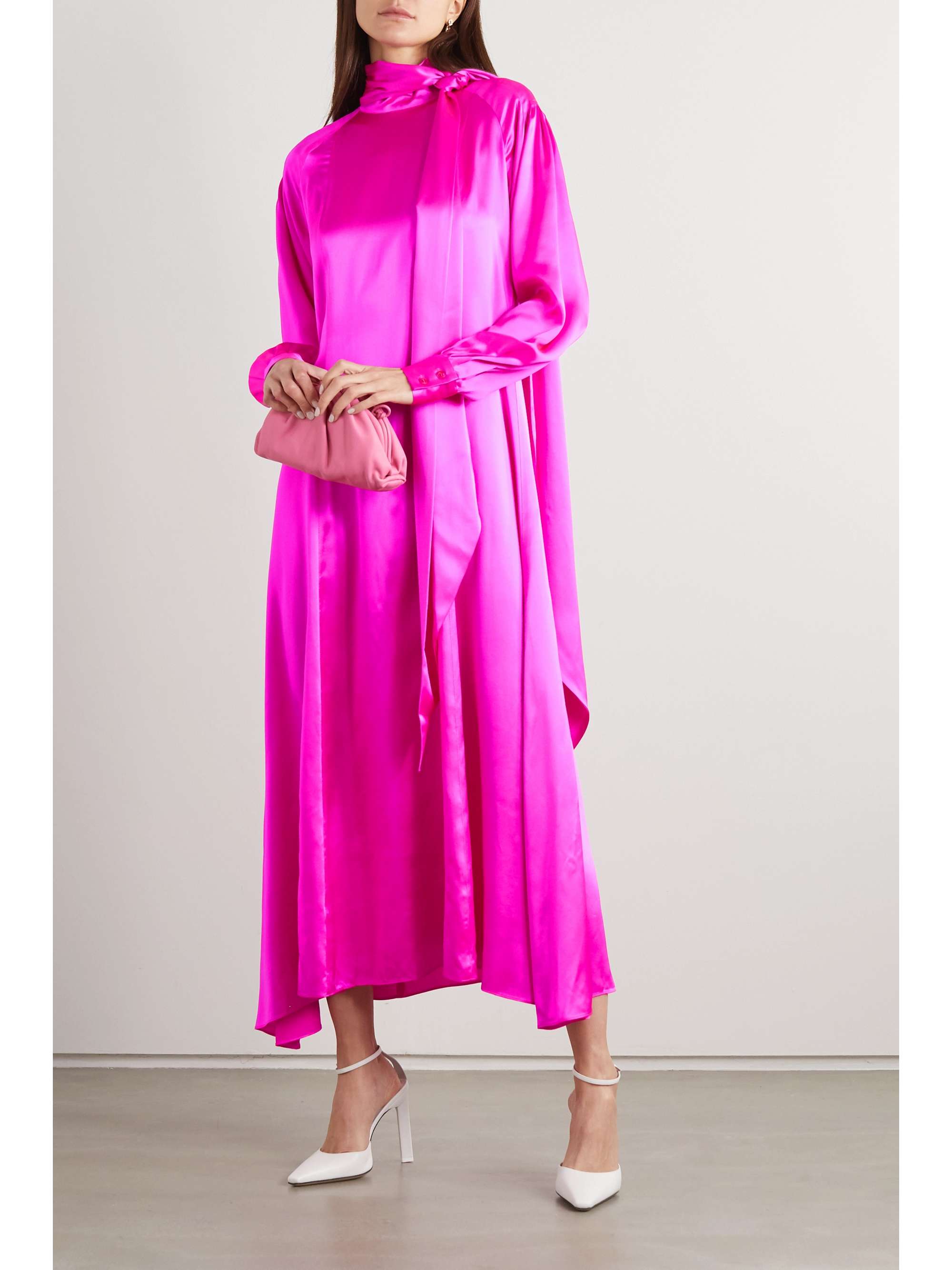 CHRISTOPHER JOHN ROGERS Tie-detailed pintucked neon silk-charmeuse dress
