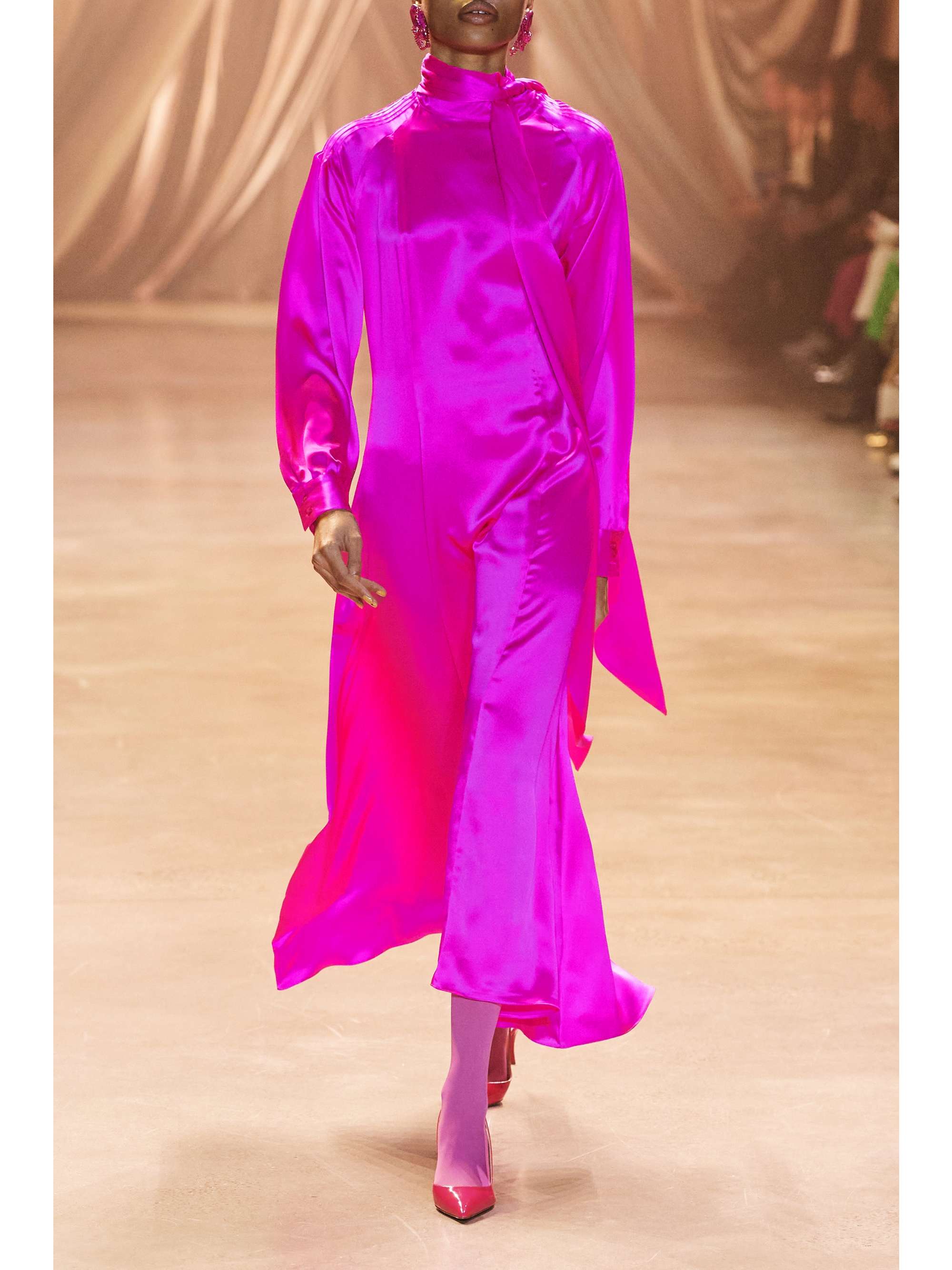CHRISTOPHER JOHN ROGERS Tie-detailed pintucked neon silk-charmeuse dress