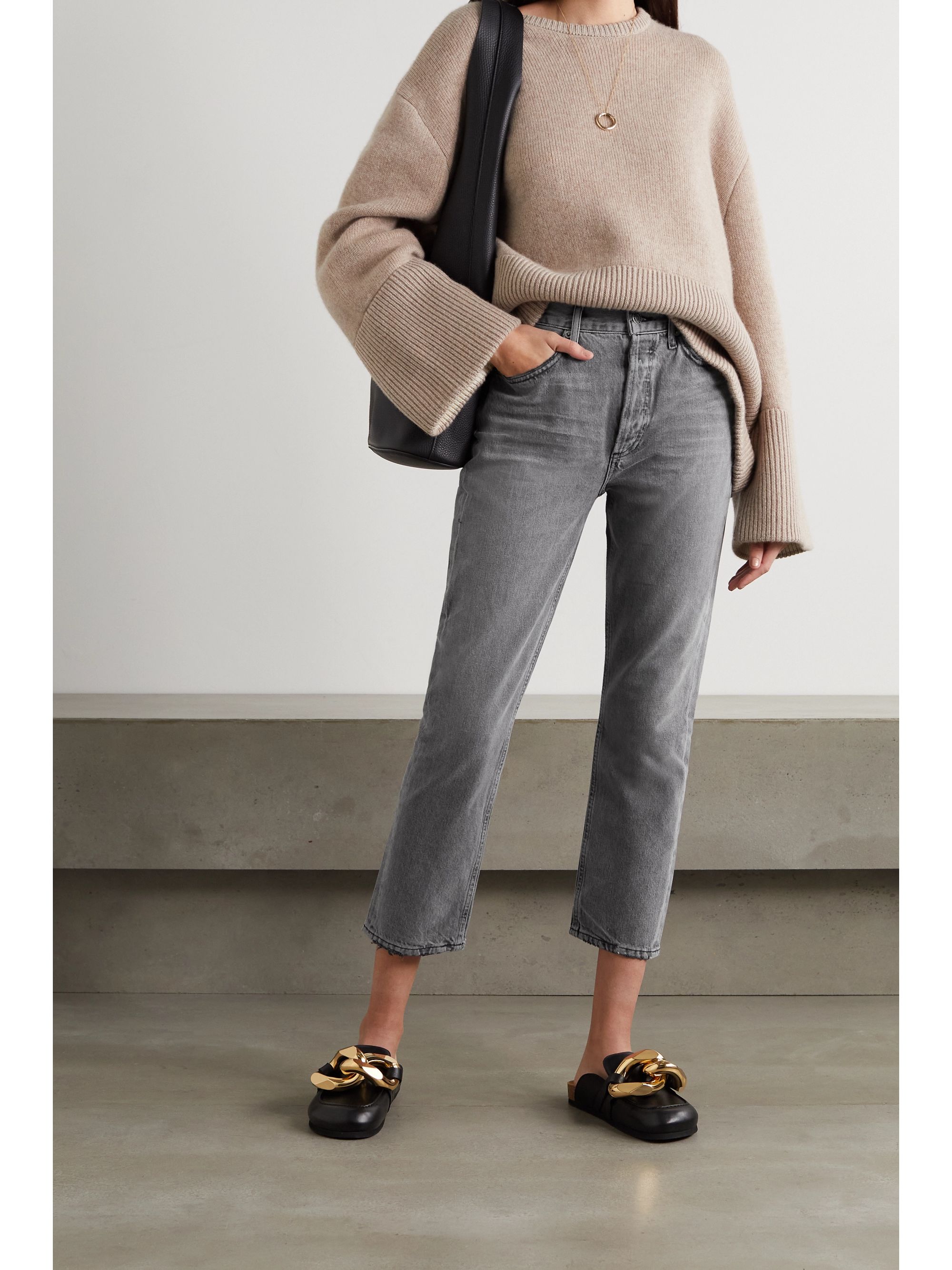 high rise gray jeans