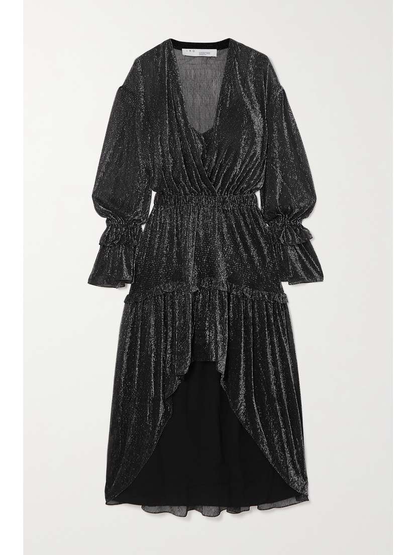 IRO Rolienae Ruffled Metallic Chiffon Midi Dress
