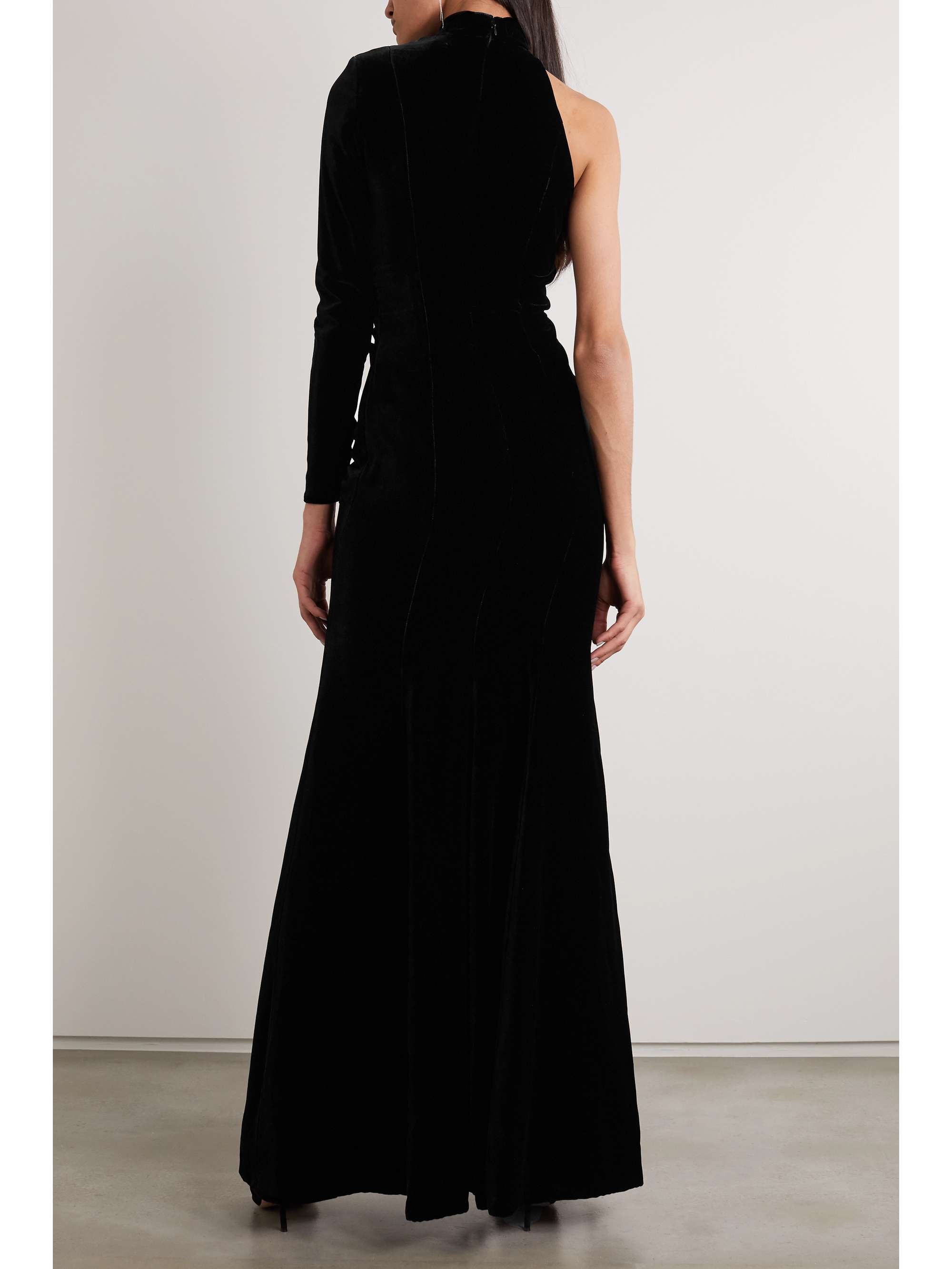 RALPH & RUSSO One-sleeve crystal-embellished velvet gown