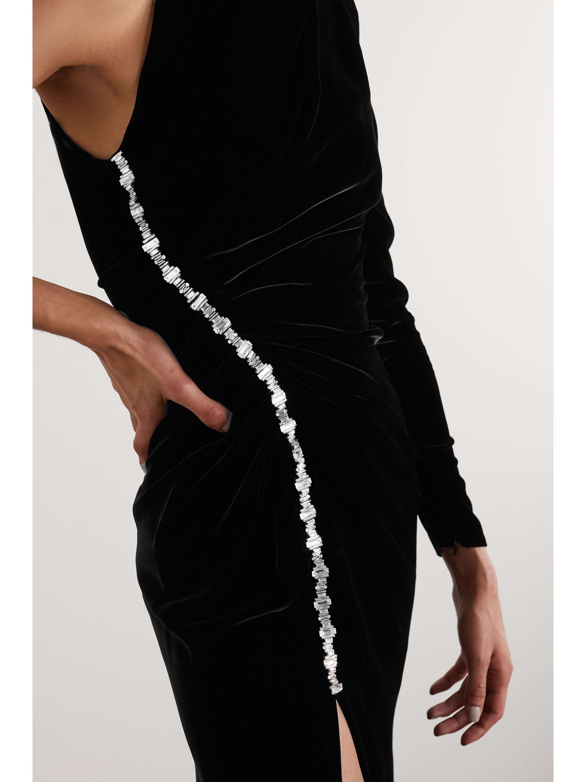 RALPH & RUSSO One-sleeve crystal-embellished velvet gown