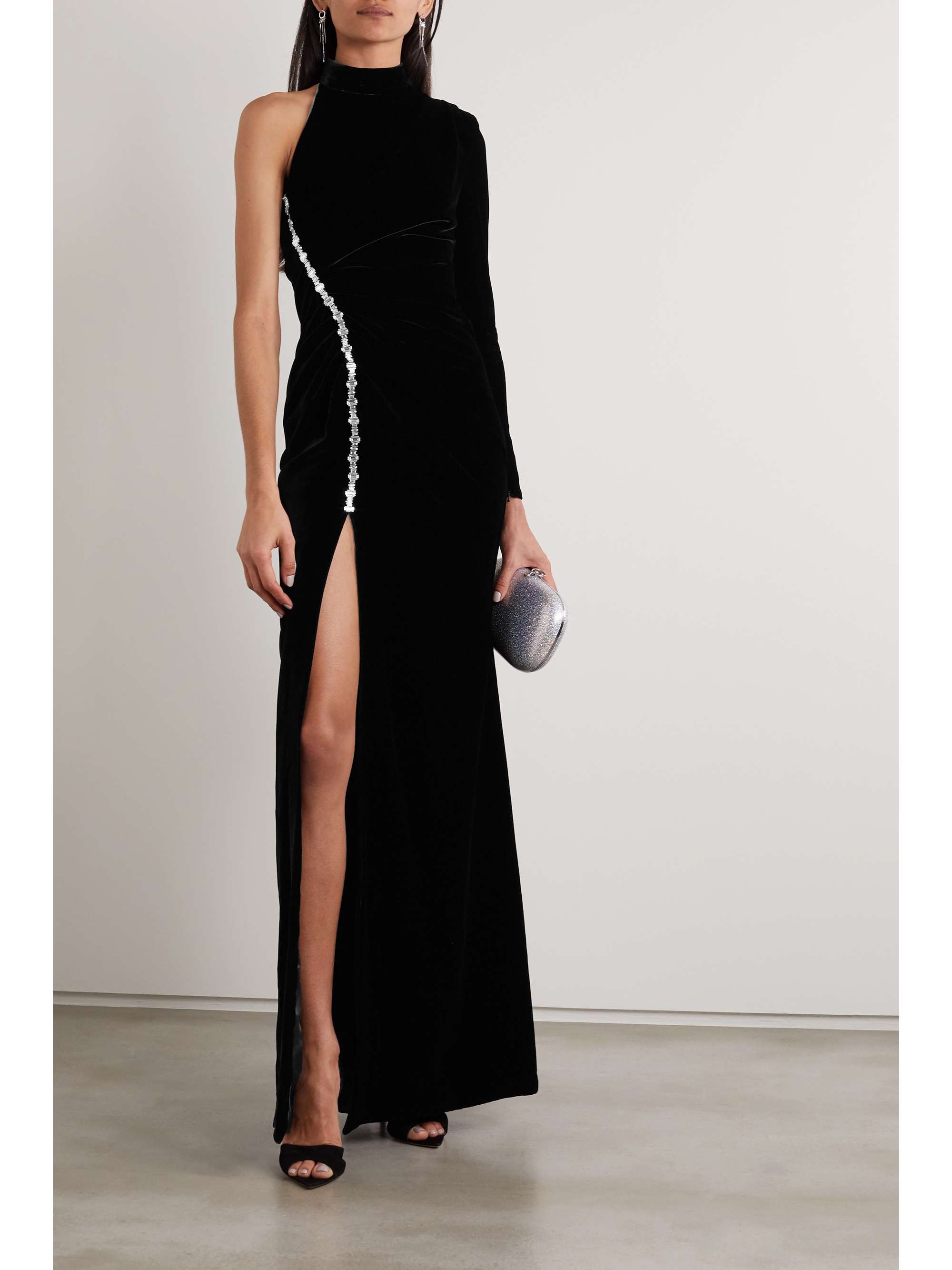 RALPH & RUSSO One-sleeve crystal-embellished velvet gown