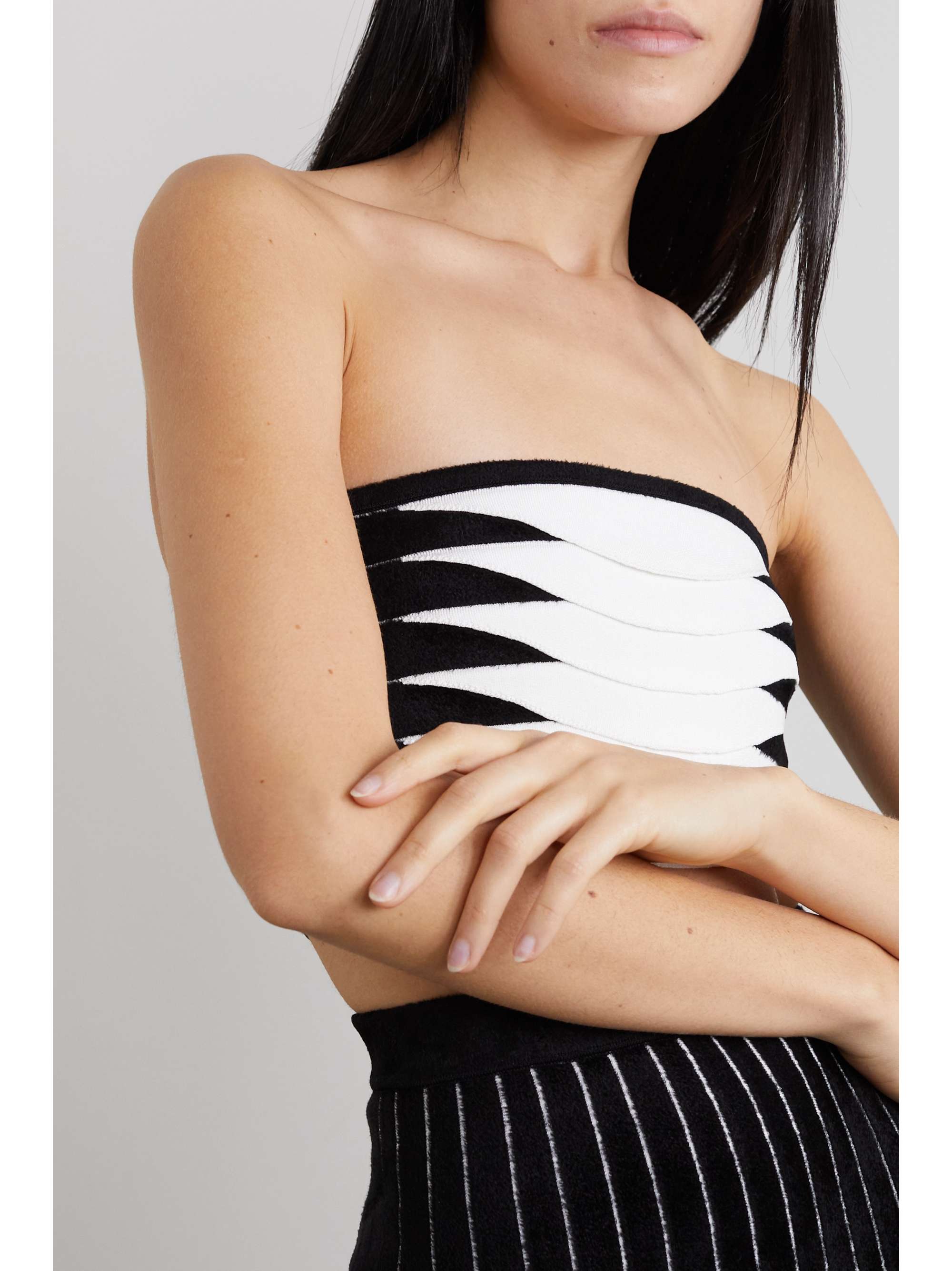 ALAÏA Strapless layered bouclé and stretch-knit top