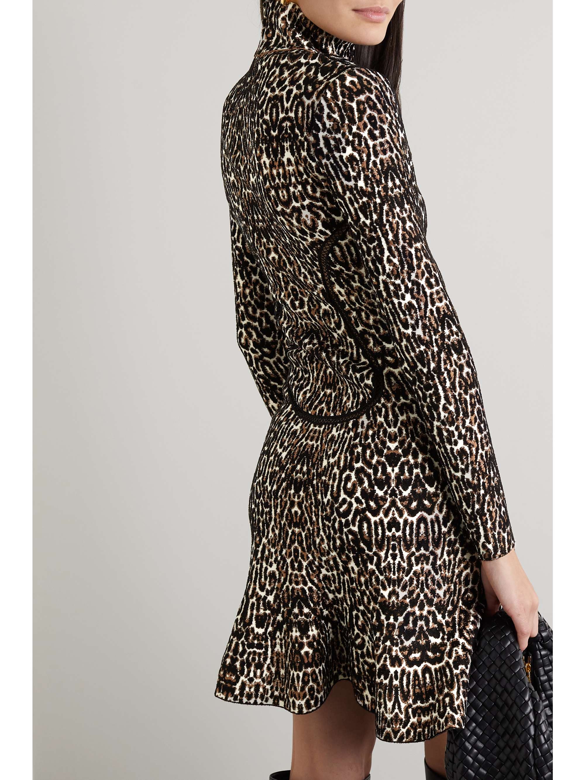 ALAÏA Ruffled leopard jacquard-knit turtleneck mini dress