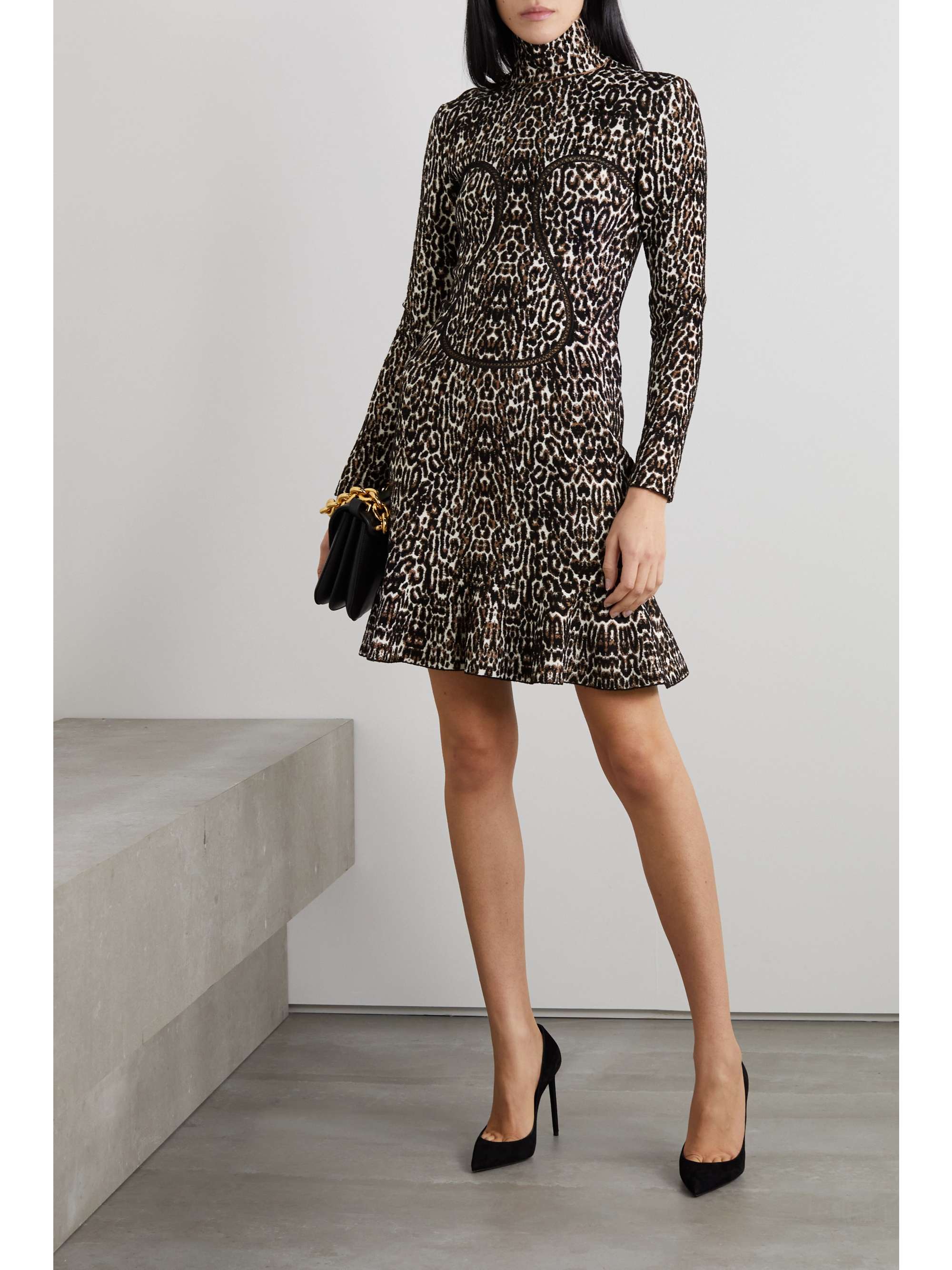 ALAÏA Ruffled leopard jacquard-knit turtleneck mini dress
