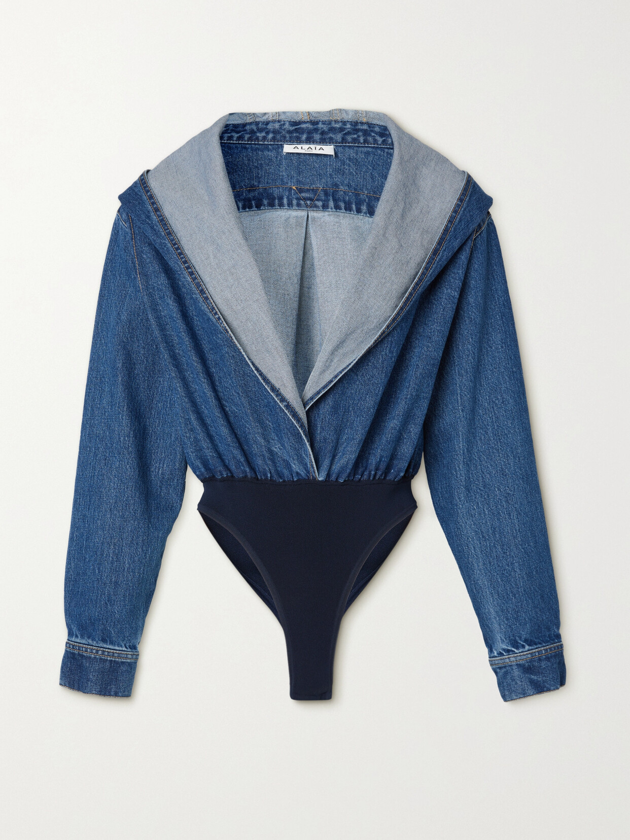 Hooded Denim And Stretch-knit Thong Bodysuit