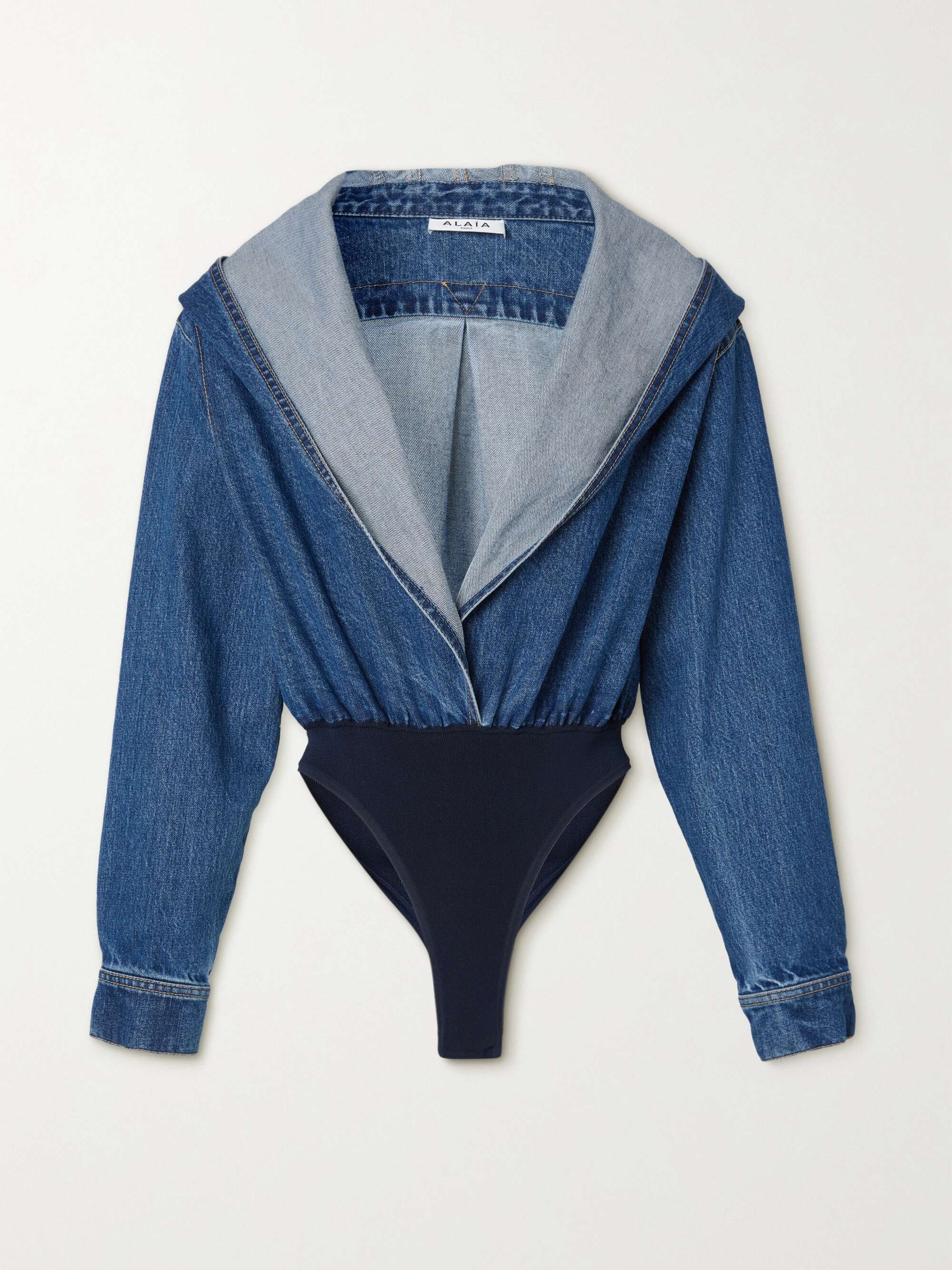 ALAÏA Hooded denim and stretch-knit thong bodysuit