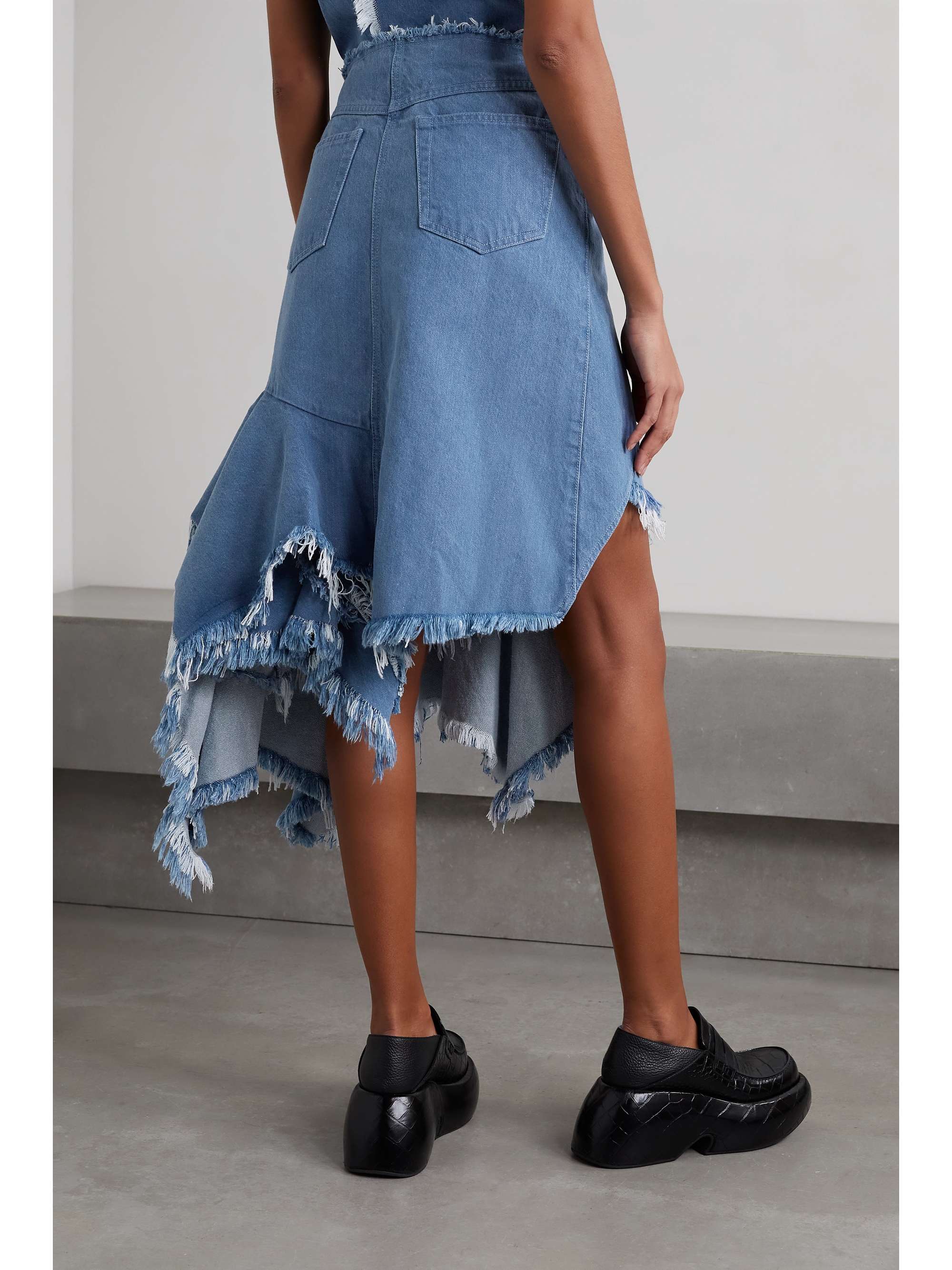 Blue Asymmetric ruffled frayed denim 