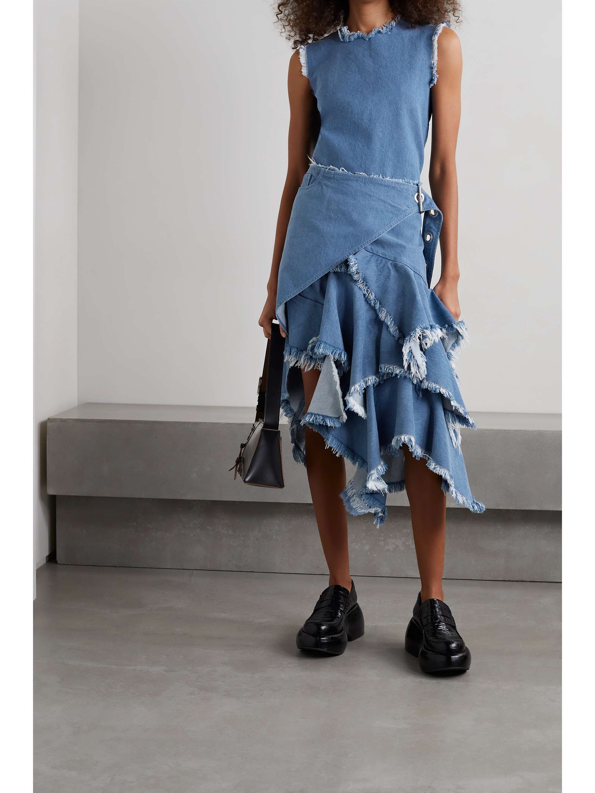 Blue Asymmetric ruffled frayed denim 