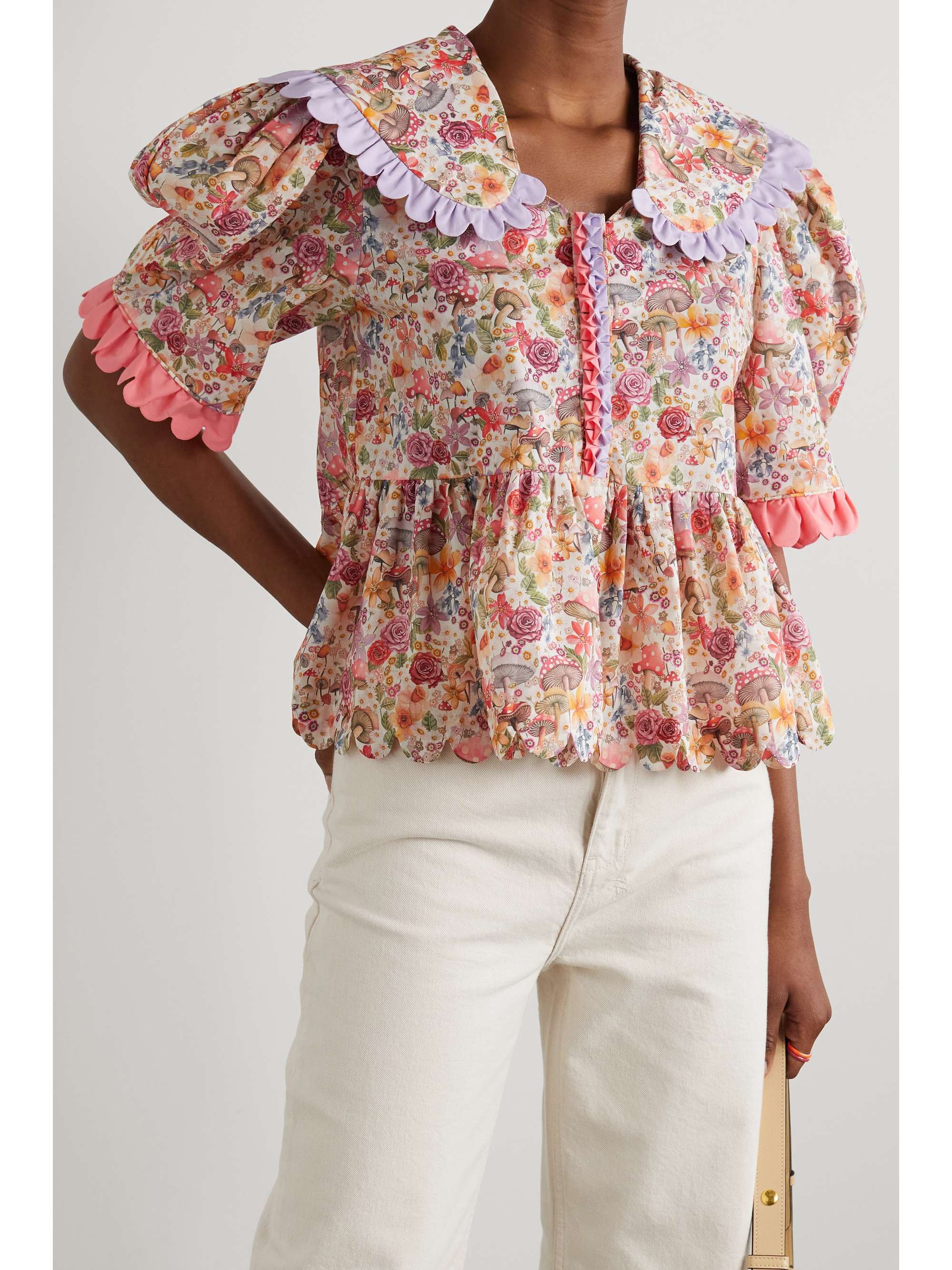 Pink Bonnie scalloped floral-print cotton-poplin blouse | HORROR VACUI ...