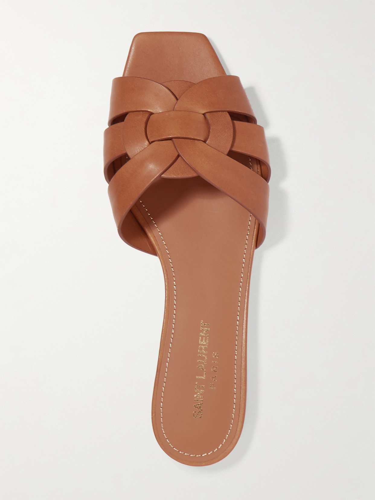 Saint Laurent Tribute Woven Leather Slides In Brown