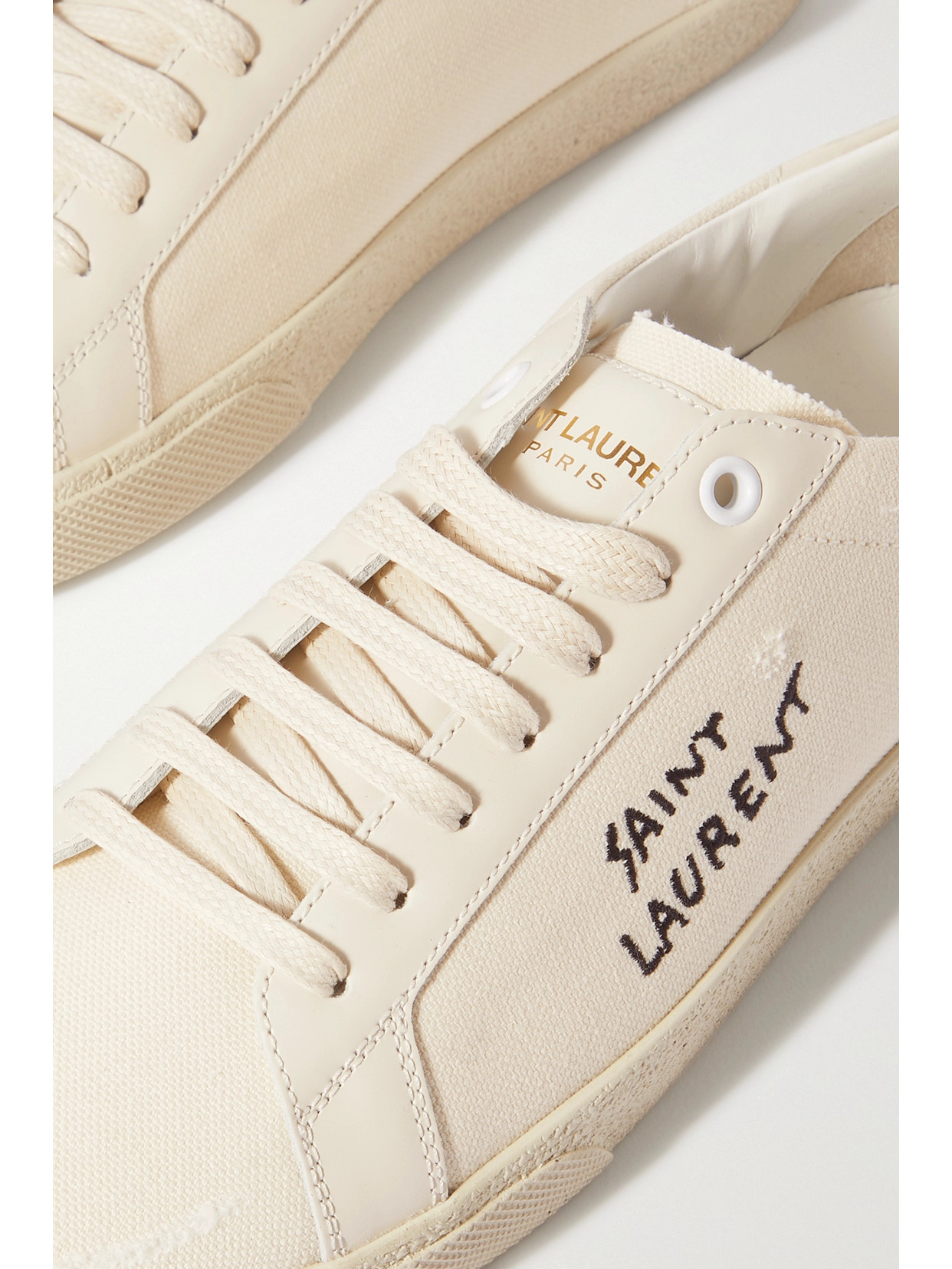 Shop Saint Laurent Court Classic Distressed Logo-embroidered Canvas And Leather Sneakers In White