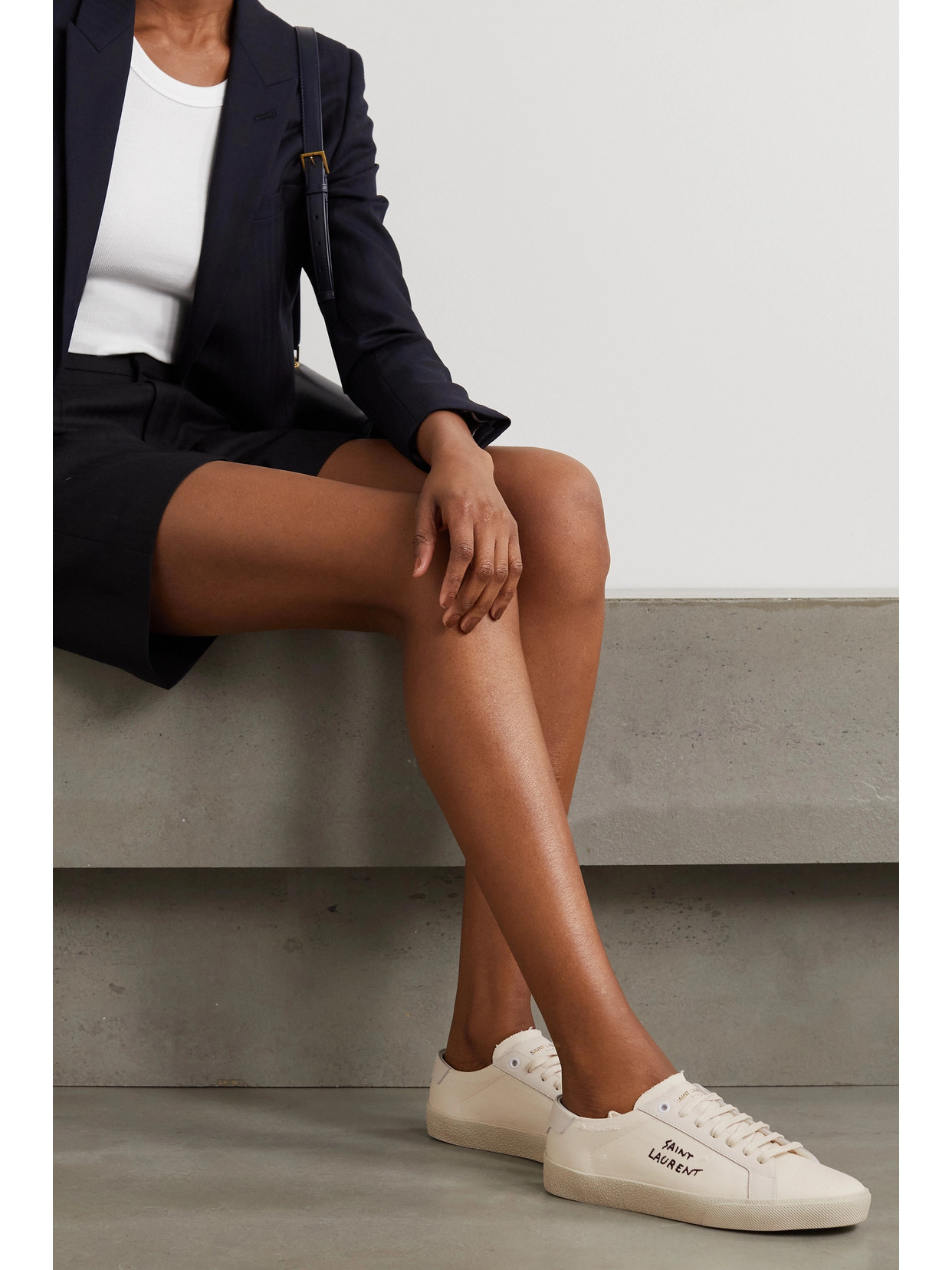 Saint Laurent Court Classic Distressed Logo-embroidered Canvas And Leather Sneakers In White