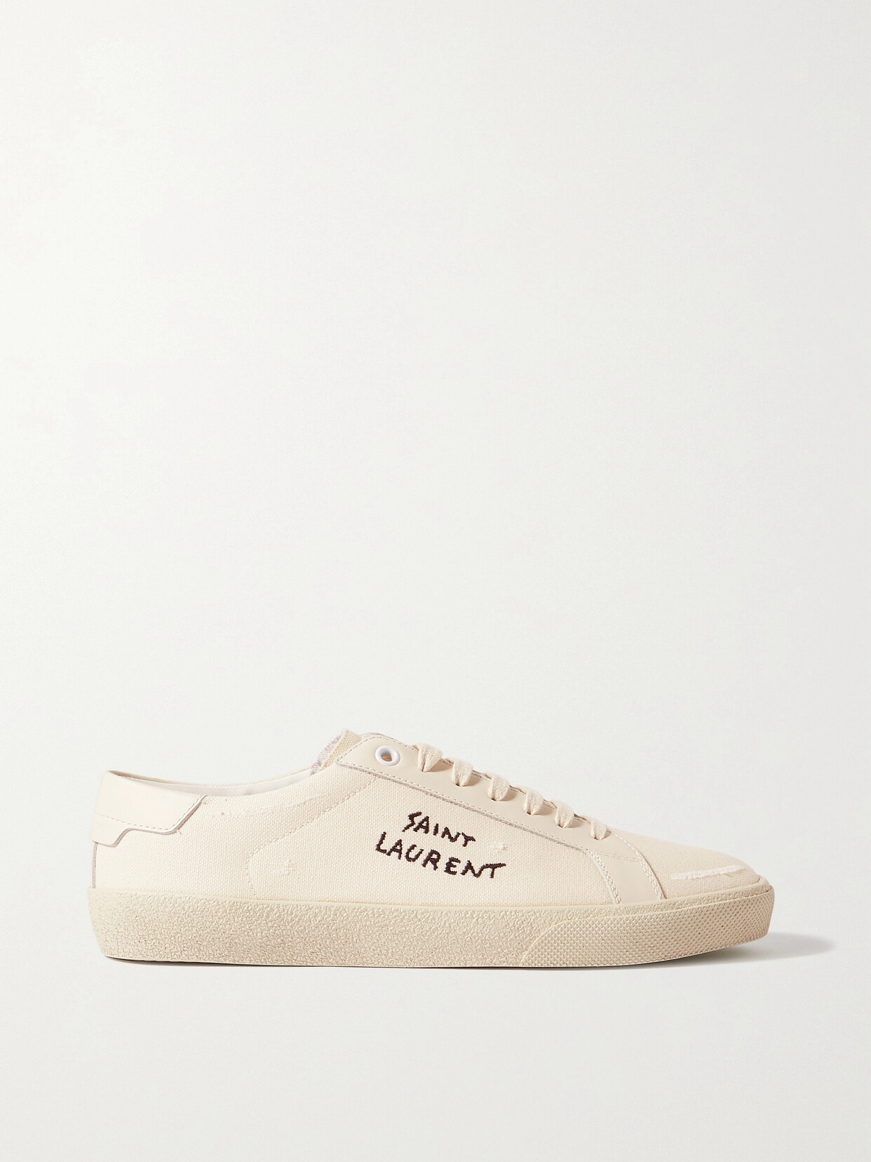 Saint Laurent Court Classic Distressed Logo-embroidered Canvas And Leather Sneakers In White