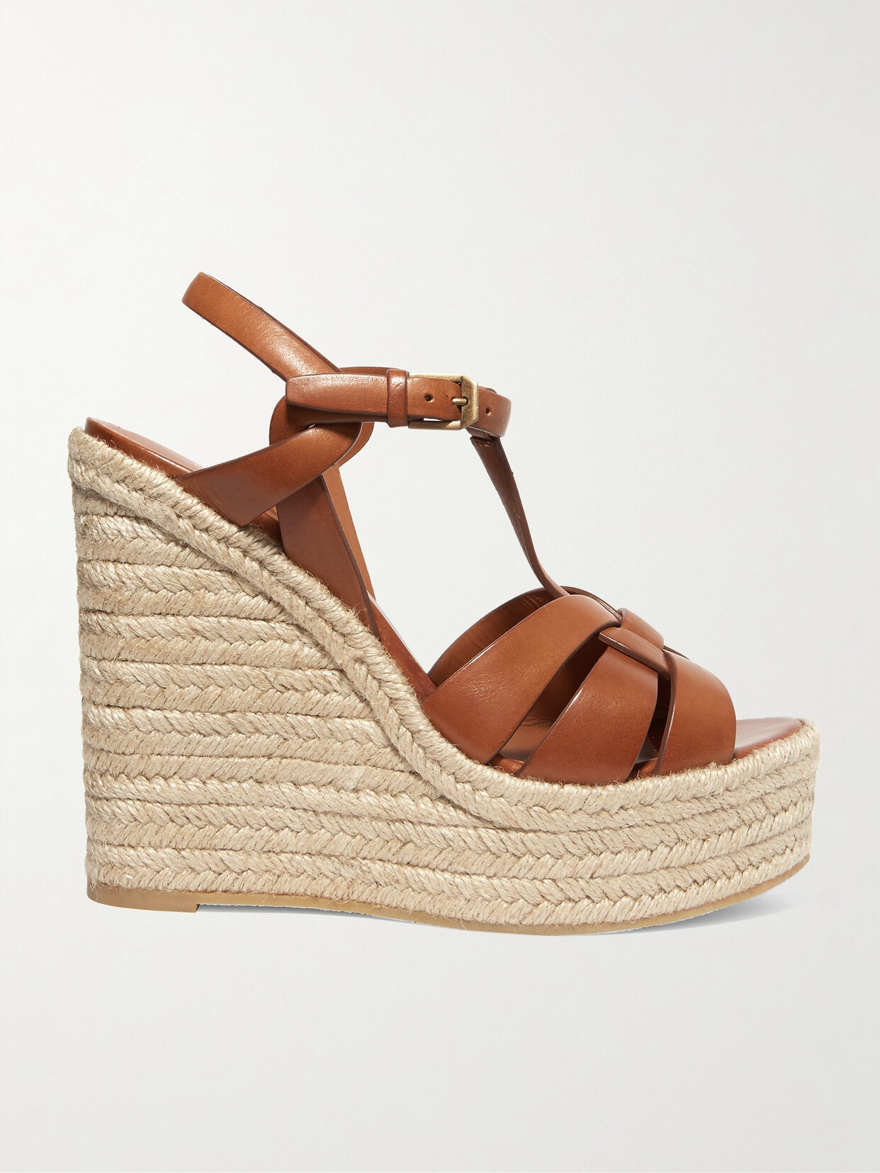 Saint Laurent Tribute Woven Leather Espadrille Wedge Sandals In Brown