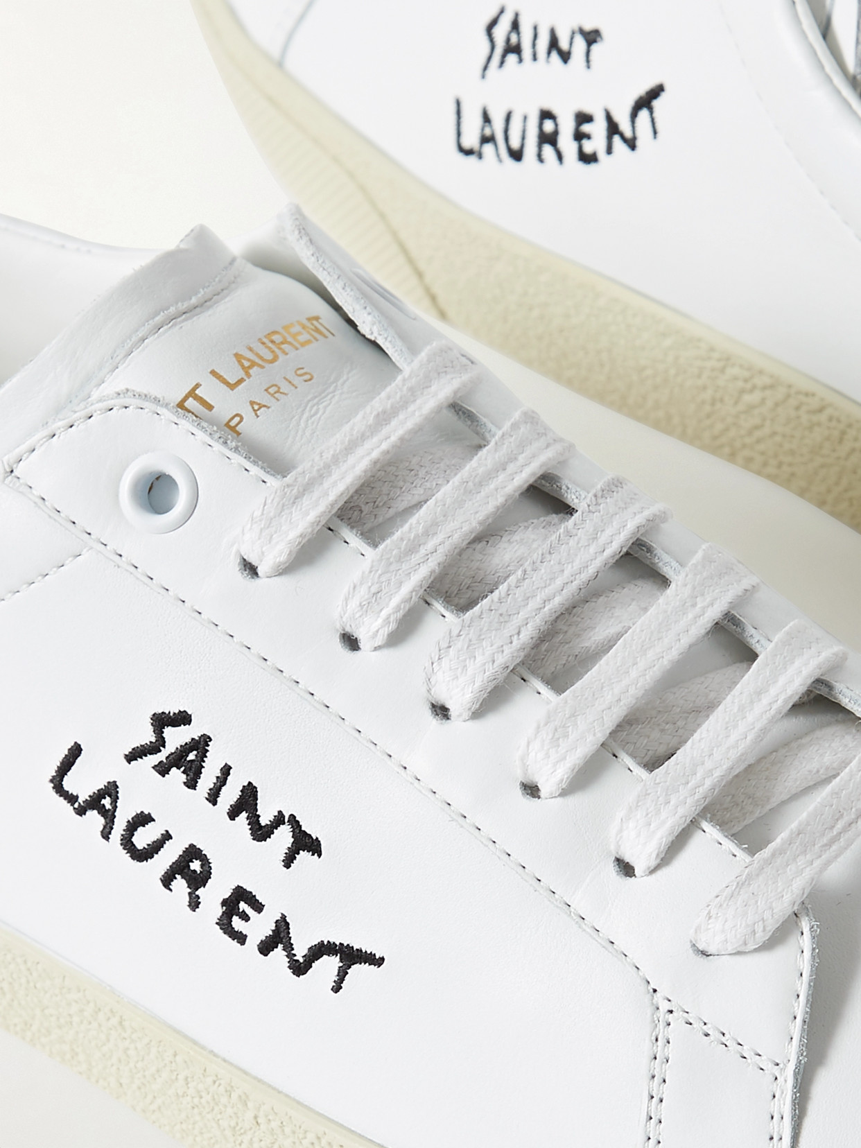 SAINT LAURENT COURT CLASSIC LOGO-EMBROIDERED LEATHER SNEAKERS