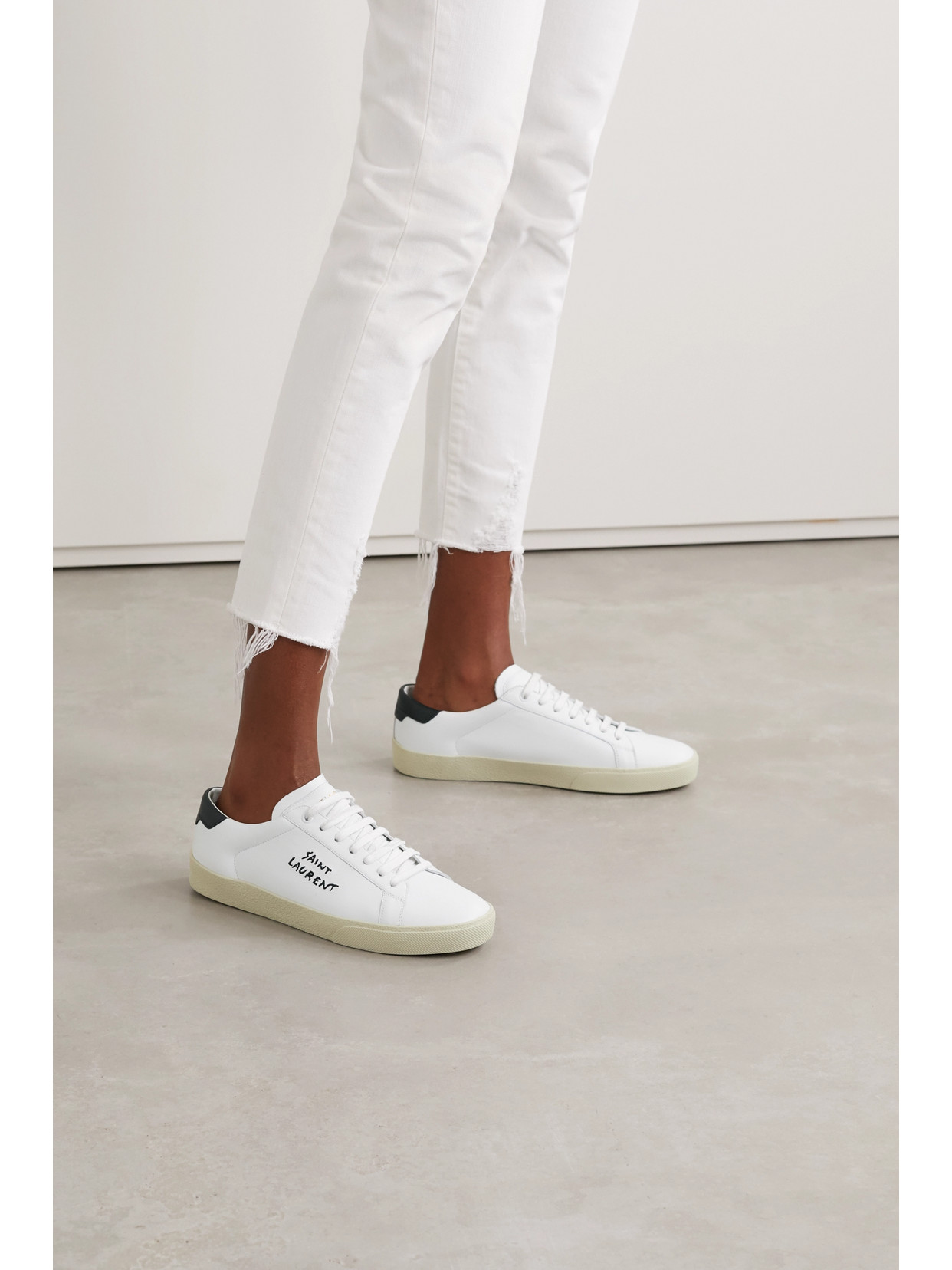 Shop Saint Laurent Court Classic Logo-embroidered Leather Sneakers In White