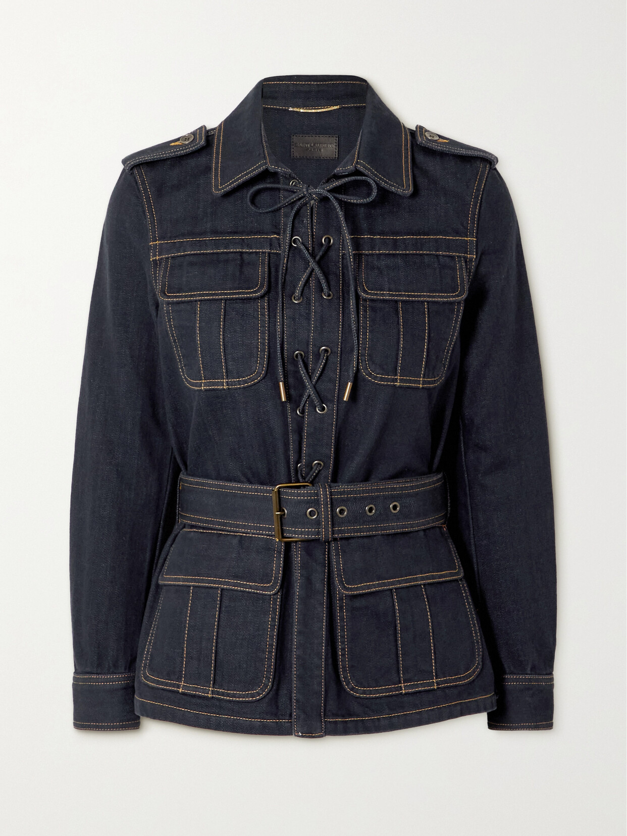 SAINT LAURENT SAHARIAN BELTED LACE-UP DENIM JACKET