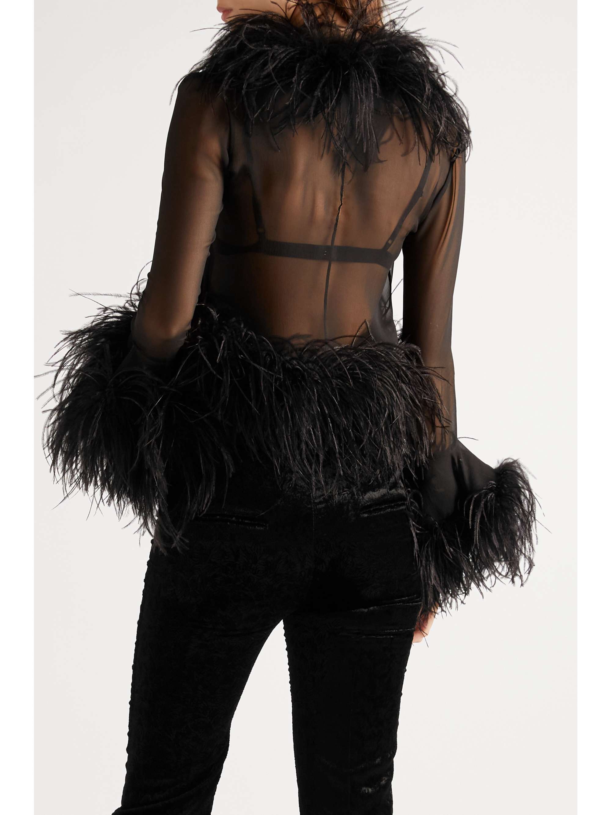 SAINT LAURENT Feather-trimmed silk-tulle blouse
