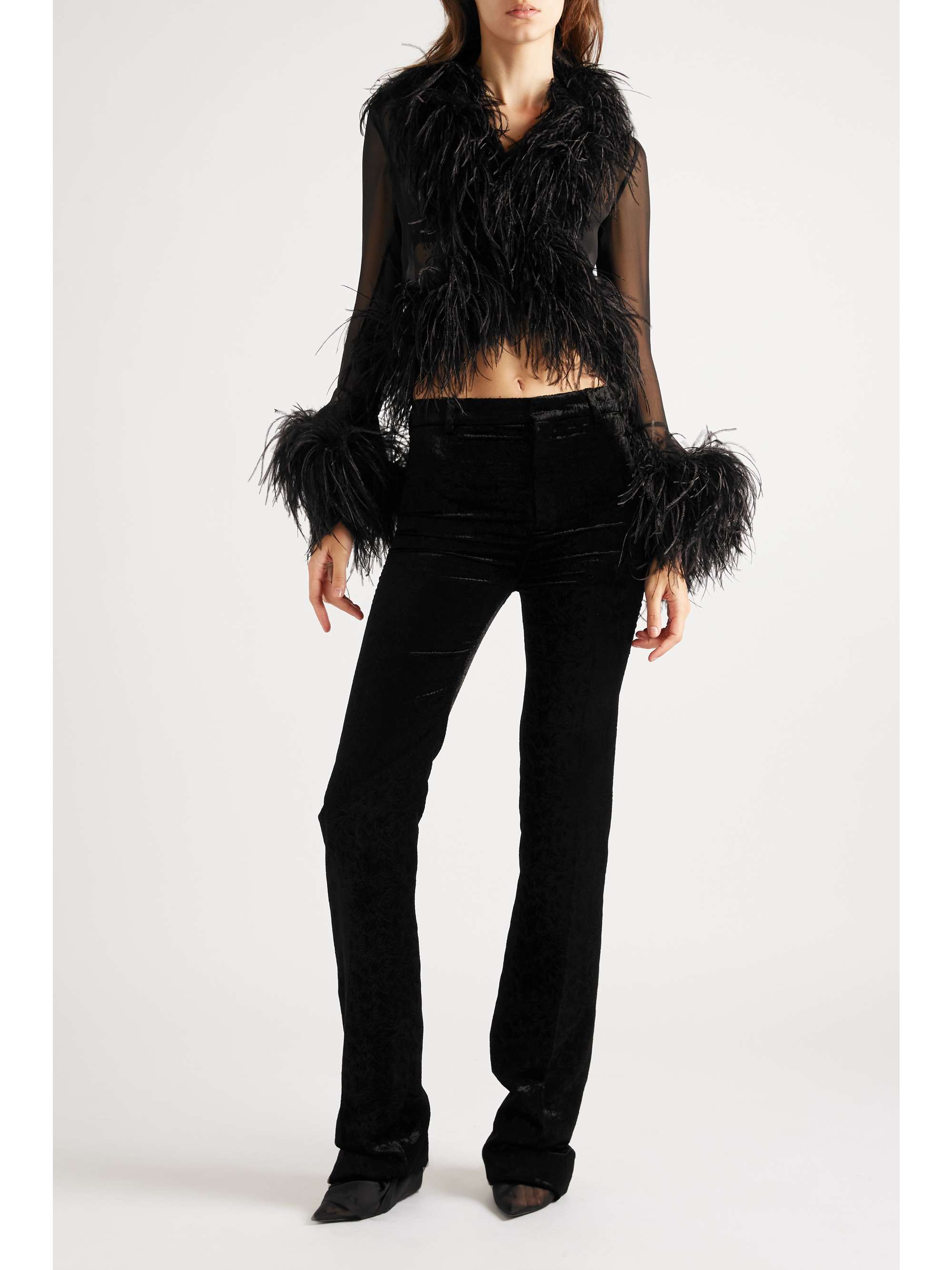 SAINT LAURENT Feather-trimmed silk-tulle blouse