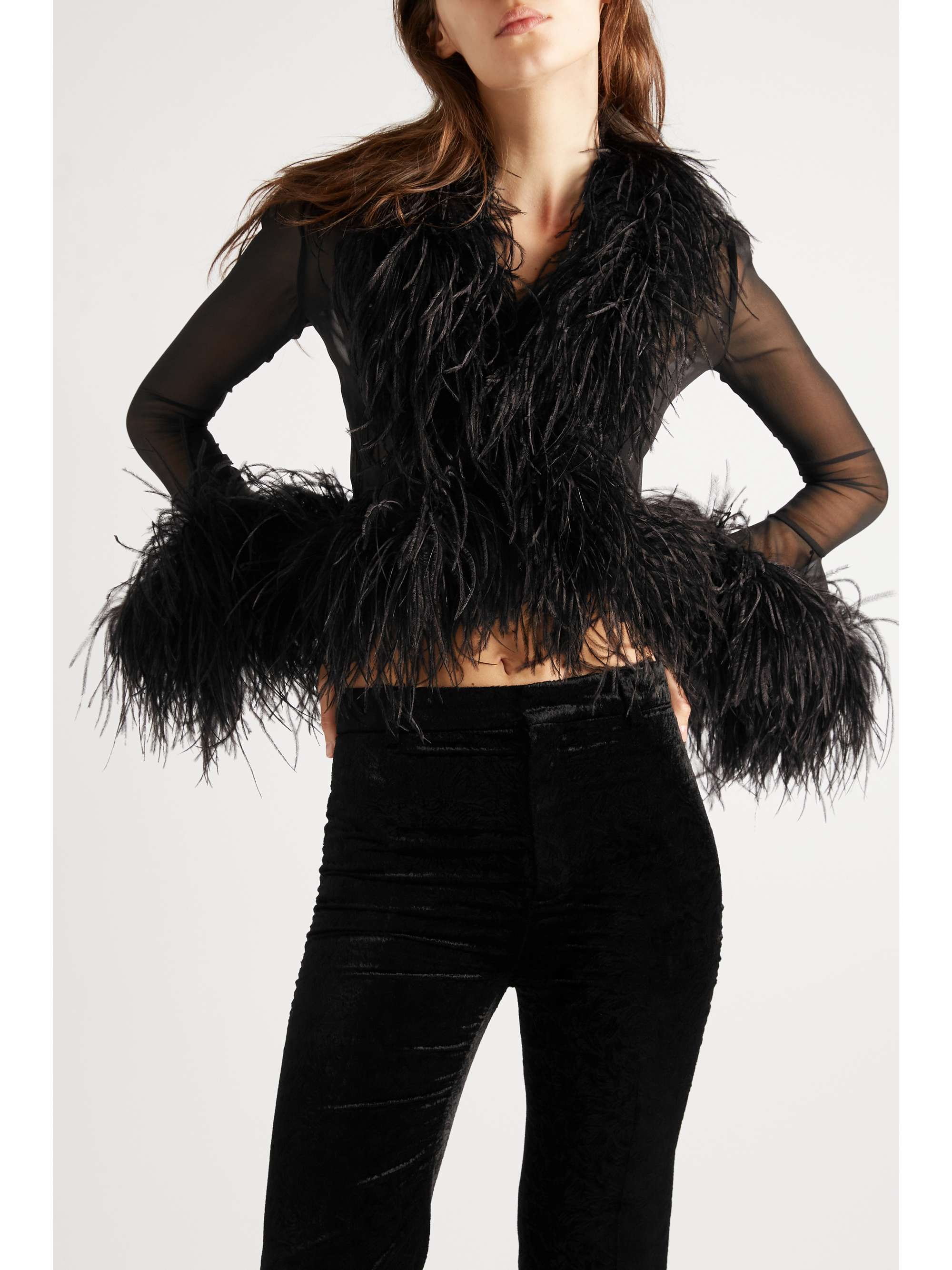 SAINT LAURENT Feather-trimmed silk-tulle blouse