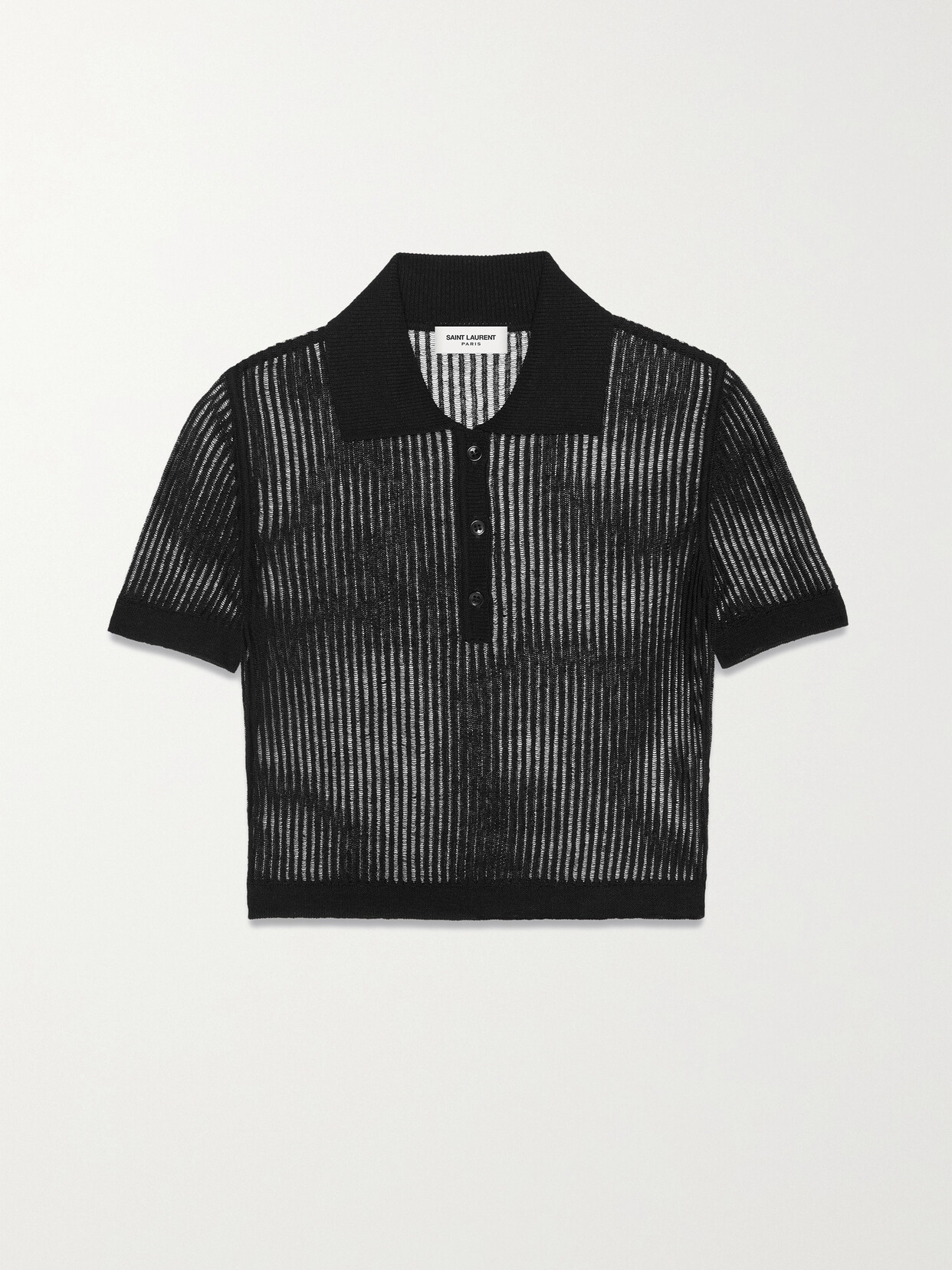 Saint Laurent Cropped Open-knit Cotton And Silk-blend Polo Shirt In Black