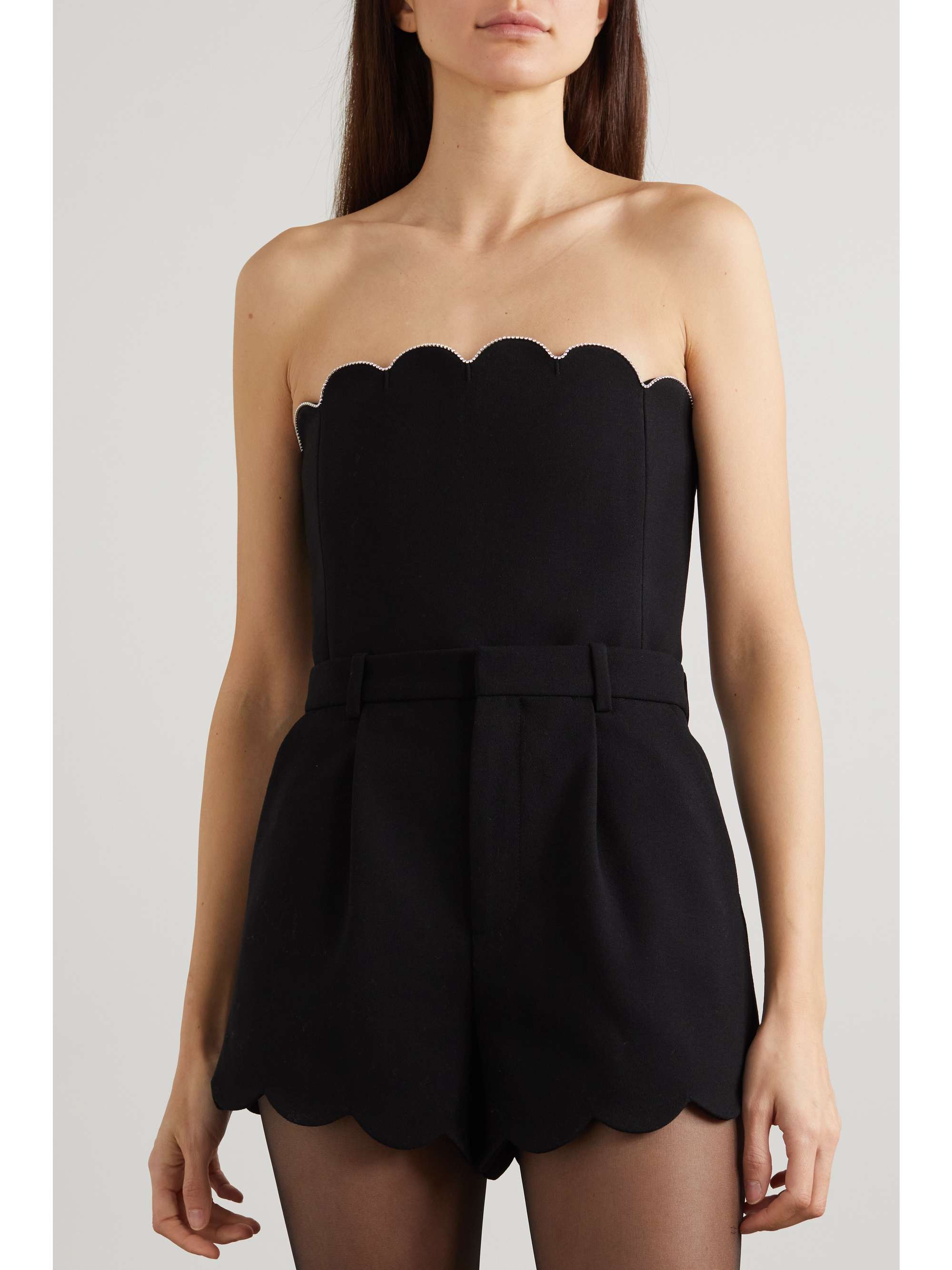 SAINT LAURENT Strapless crystal-embellished scalloped wool-crepe playsuit