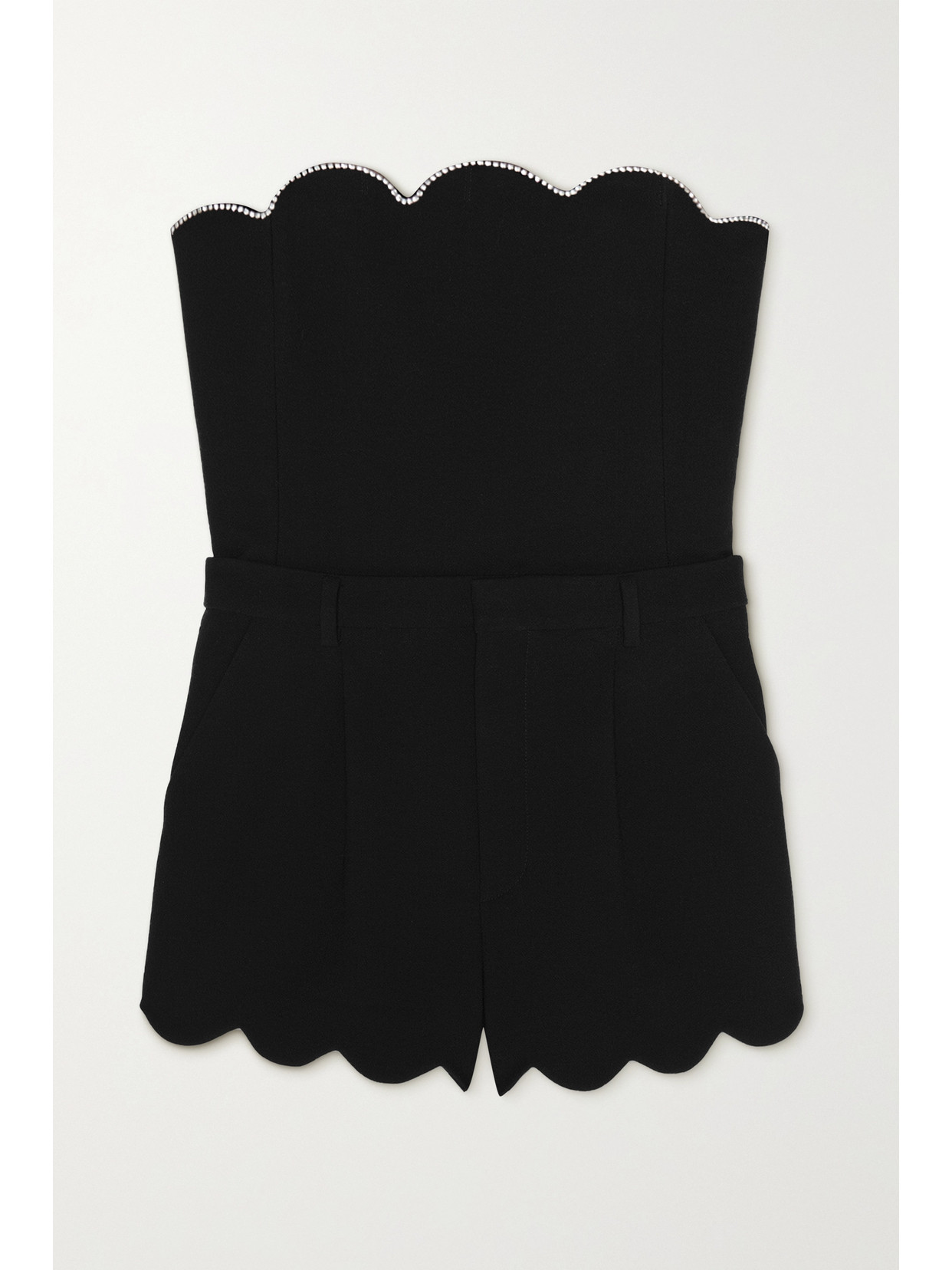 SAINT LAURENT STRAPLESS CRYSTAL-EMBELLISHED SCALLOPED WOOL-CREPE PLAYSUIT