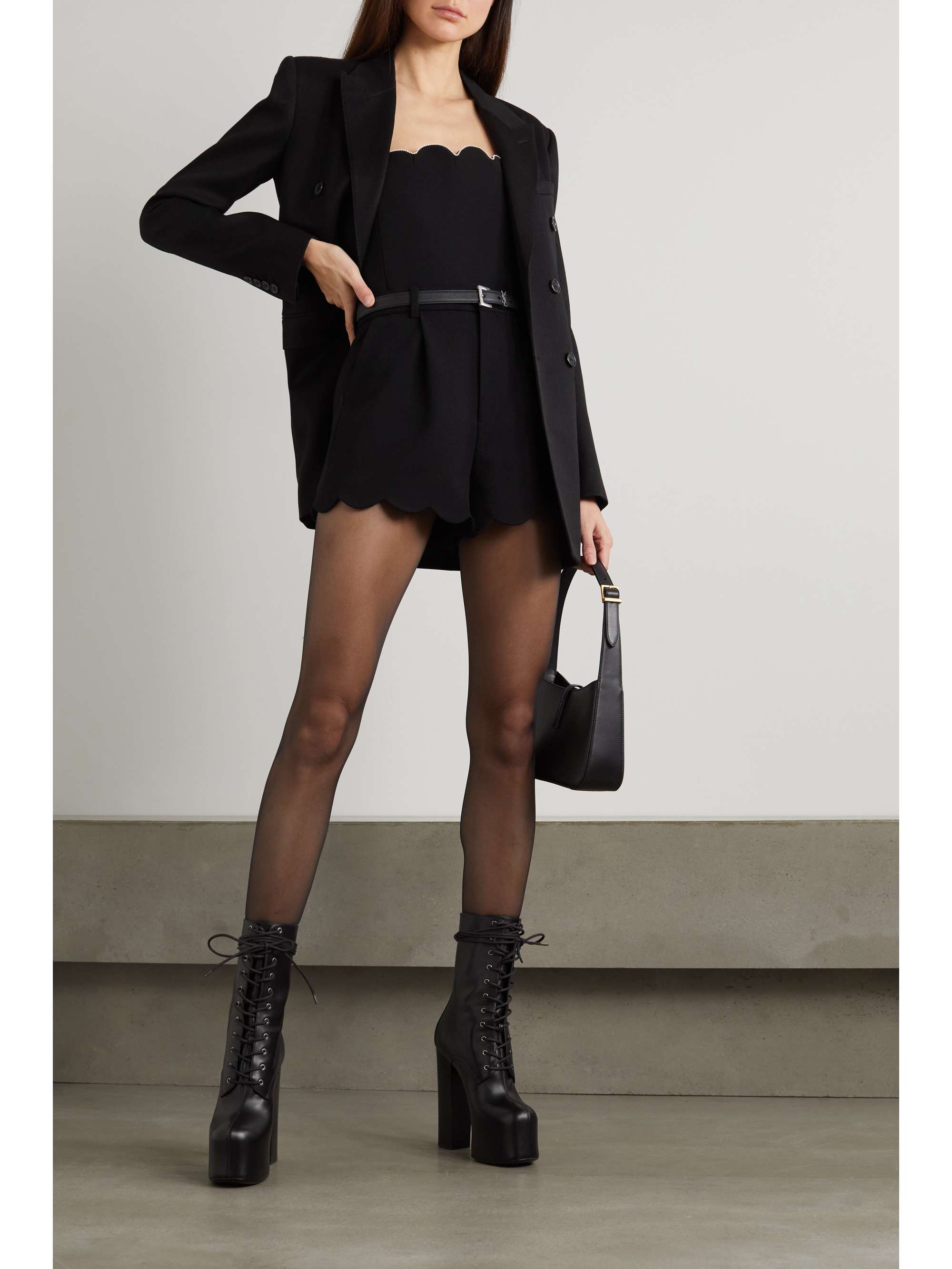 SAINT LAURENT Strapless crystal-embellished scalloped wool-crepe playsuit