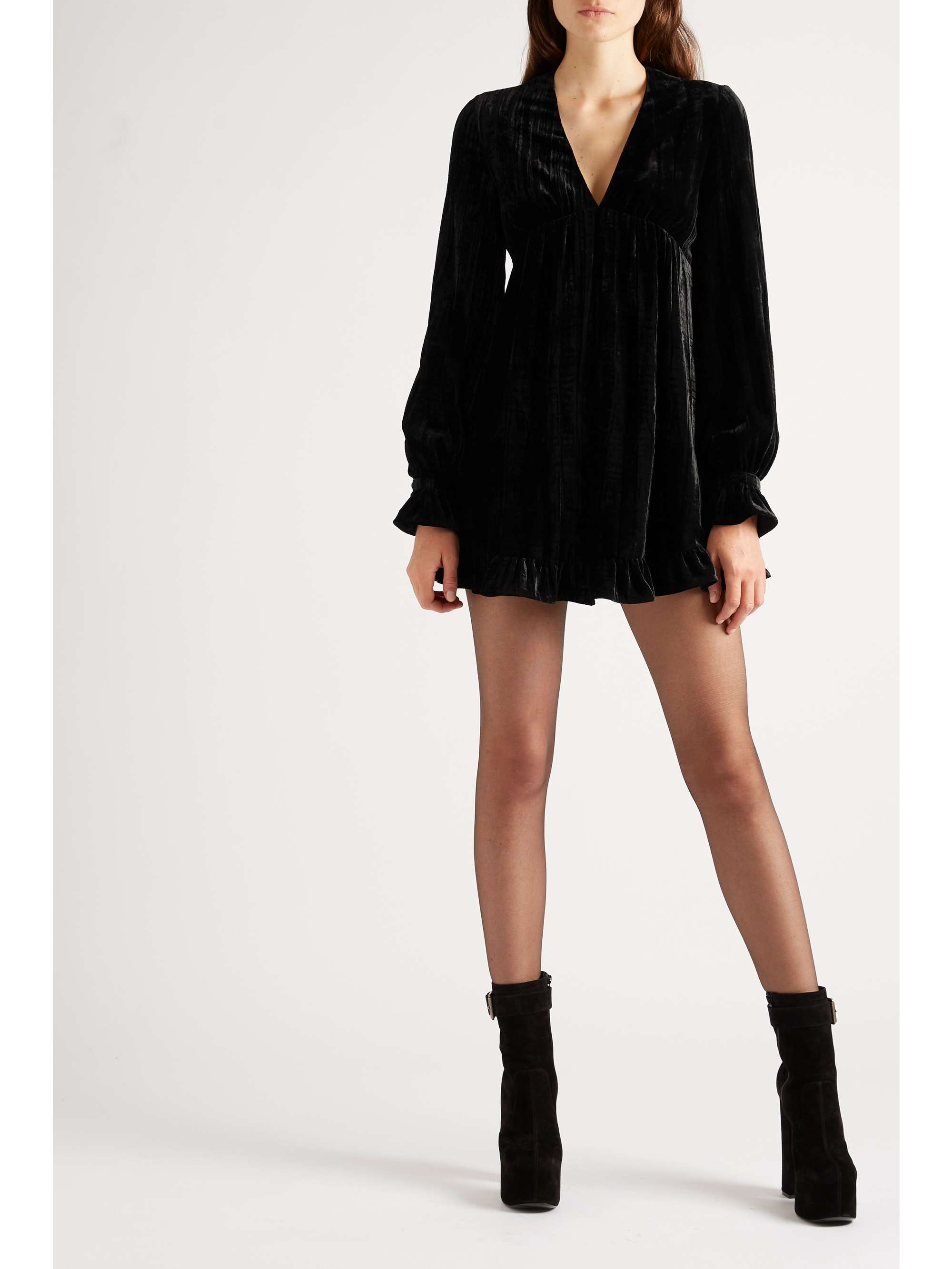 Black Ruffled crushed-velvet mini dress ...