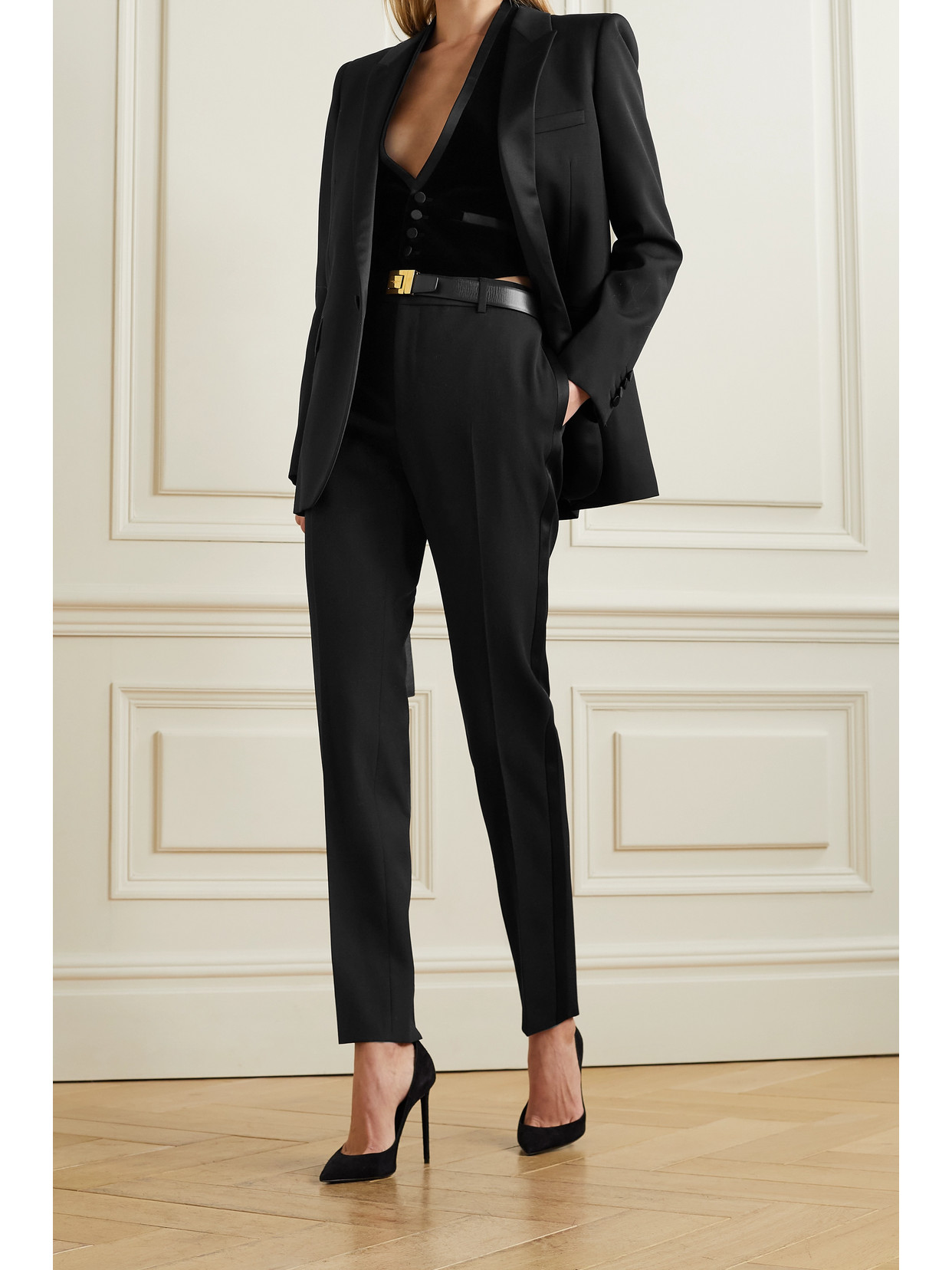 Shop Saint Laurent Tube Satin-trimmed Grain De Poudre Wool Blazer In Black