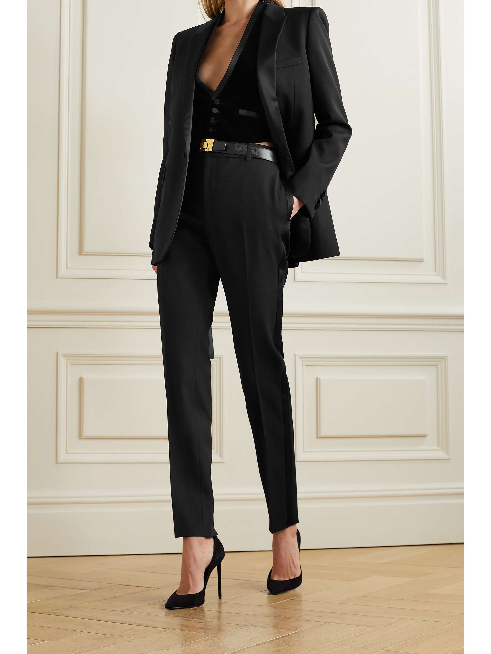 SAINT LAURENT Tube satin-trimmed grain de poudre wool blazer