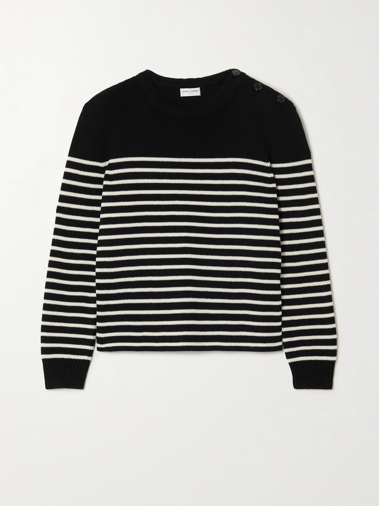 SAINT LAURENT Button-embellished Striped Cotton And Wool-blend Sweater - Black