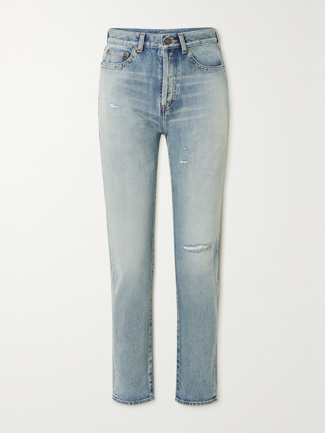 SAINT LAURENT Distressed High-rise Slim-leg Jeans - Blue