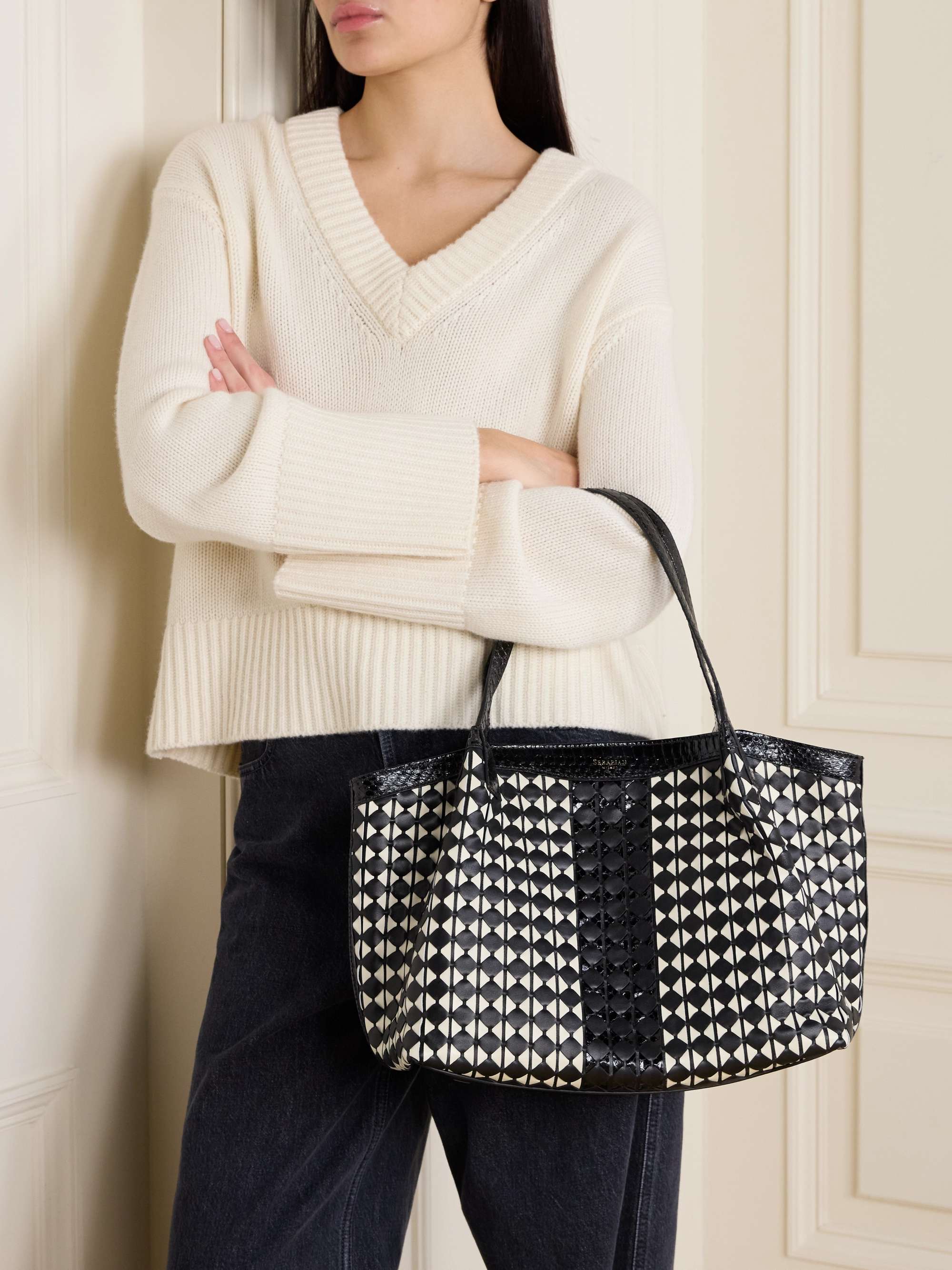 SERAPIAN Secret watersnake-trimmed woven leather tote