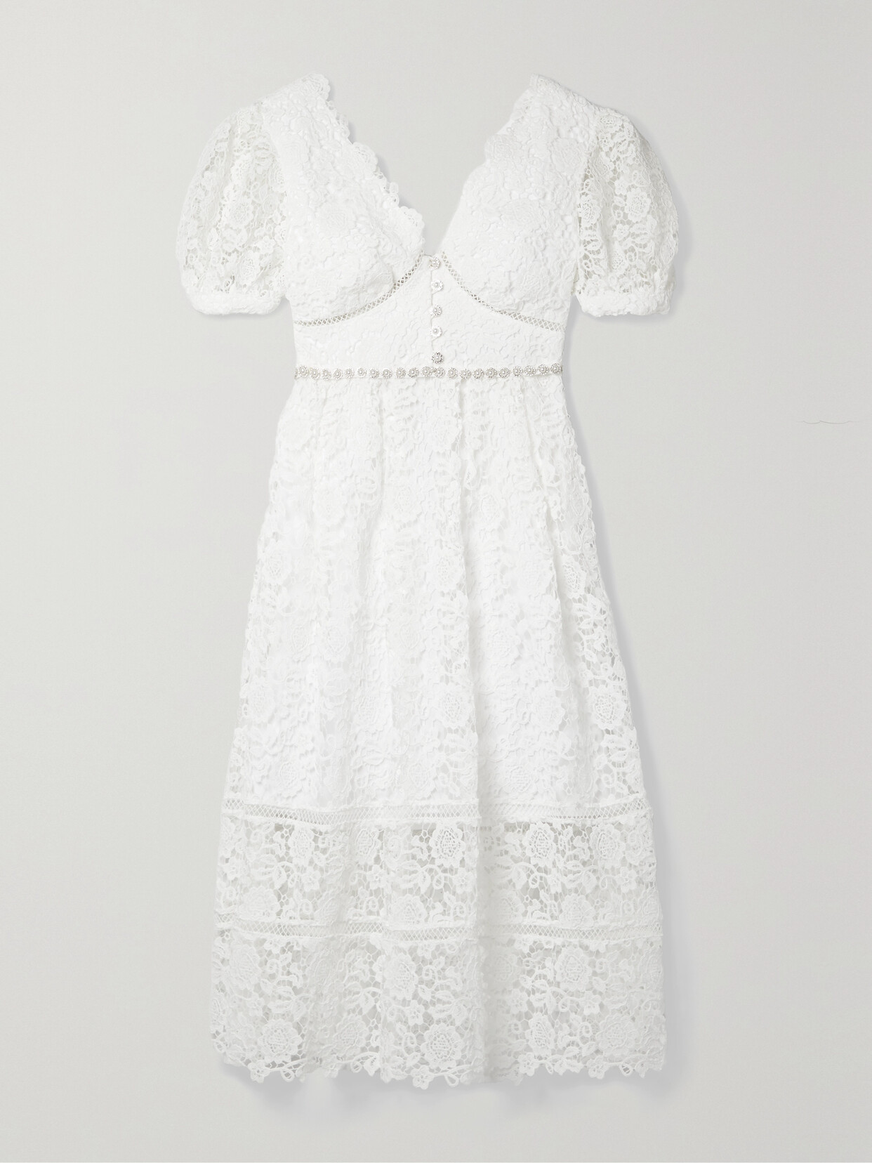 Self-portrait Ivory Organic Cotton Lace Diamante Trim Midi Dress In White