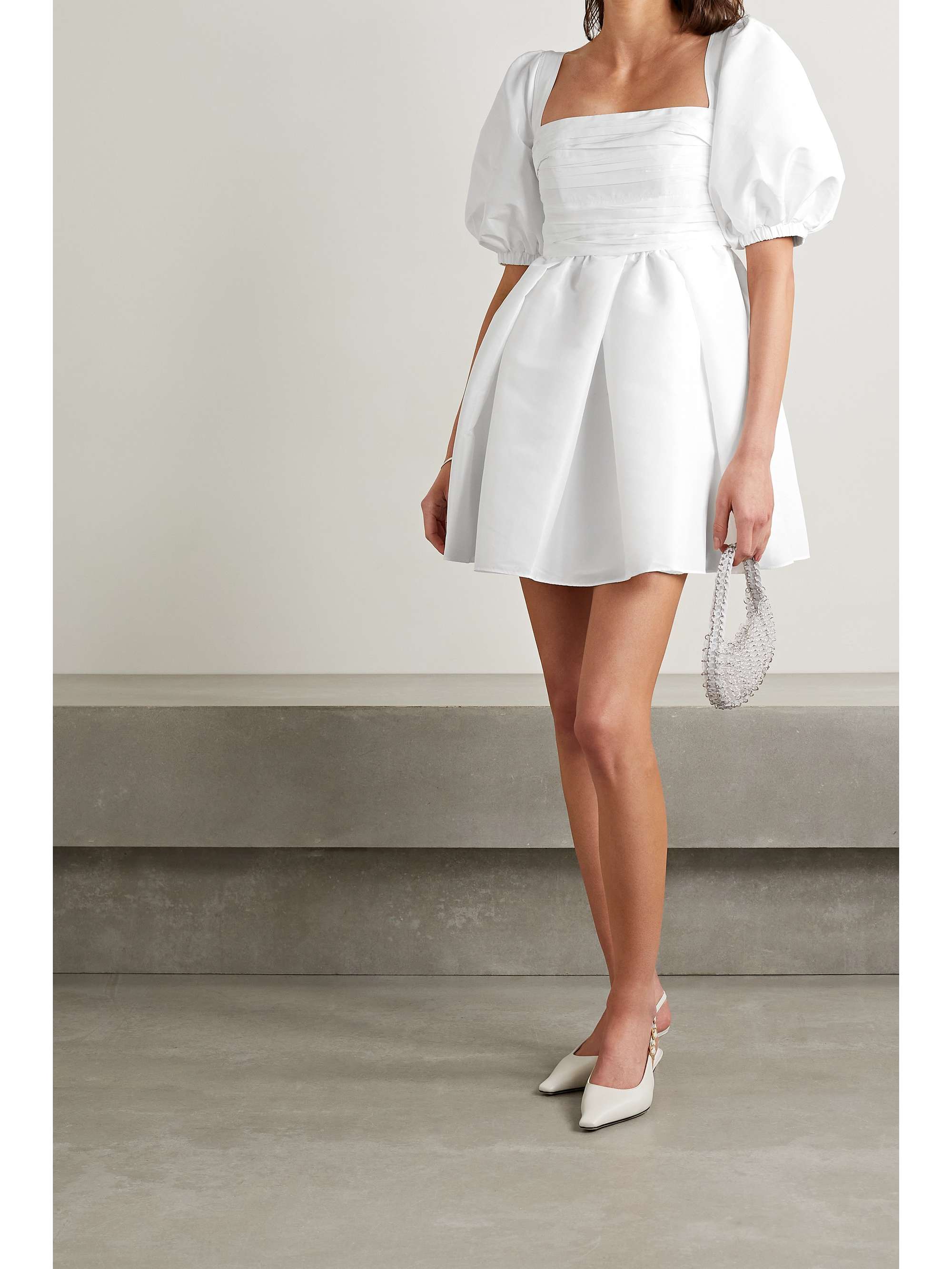 White Pleated taffeta mini dress | SELF ...