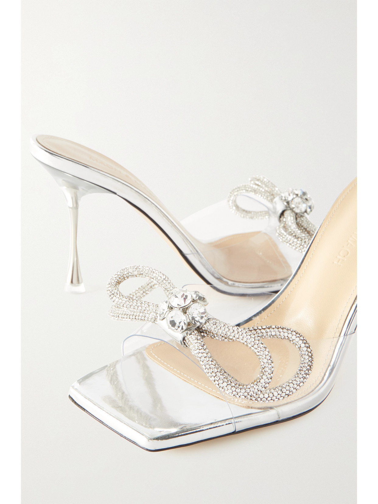 Shop Mach & Mach Double Bow Crystal-embellished Leather And Pvc Mules In Neutrals