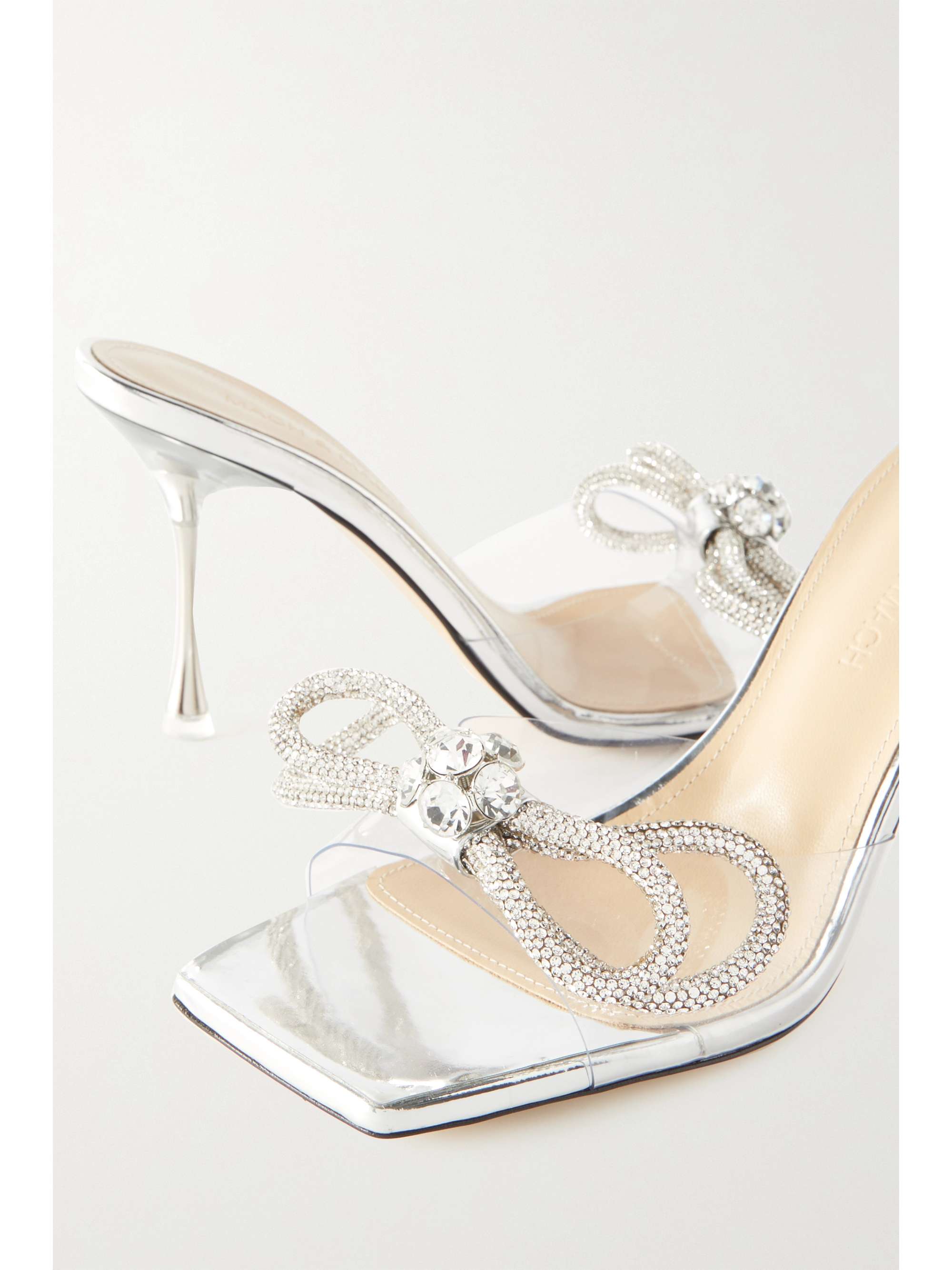 MACH & MACH Double Bow crystal-embellished leather and iridescent PVC mules
