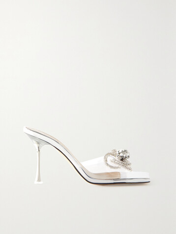 MACH & MACH Double Bow crystal-embellished leather and PVC mules