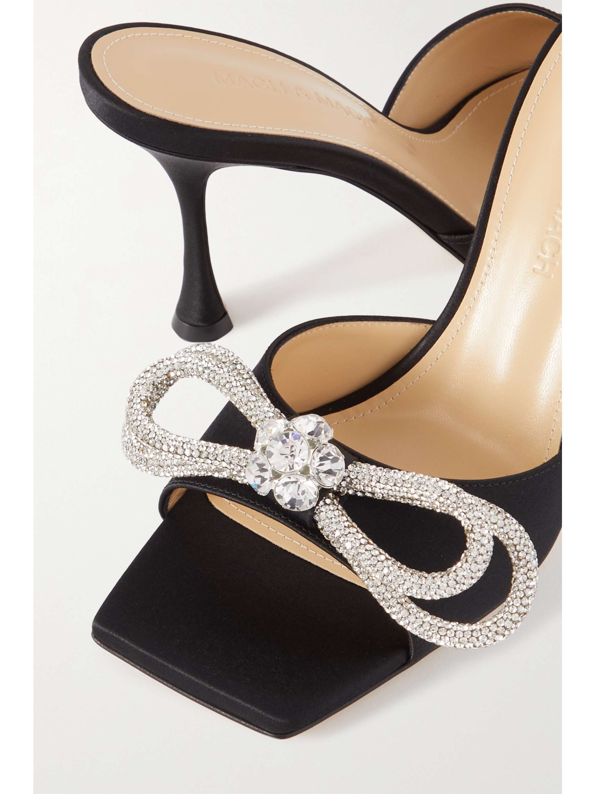 MACH & MACH Double Bow crystal-embellished satin mules