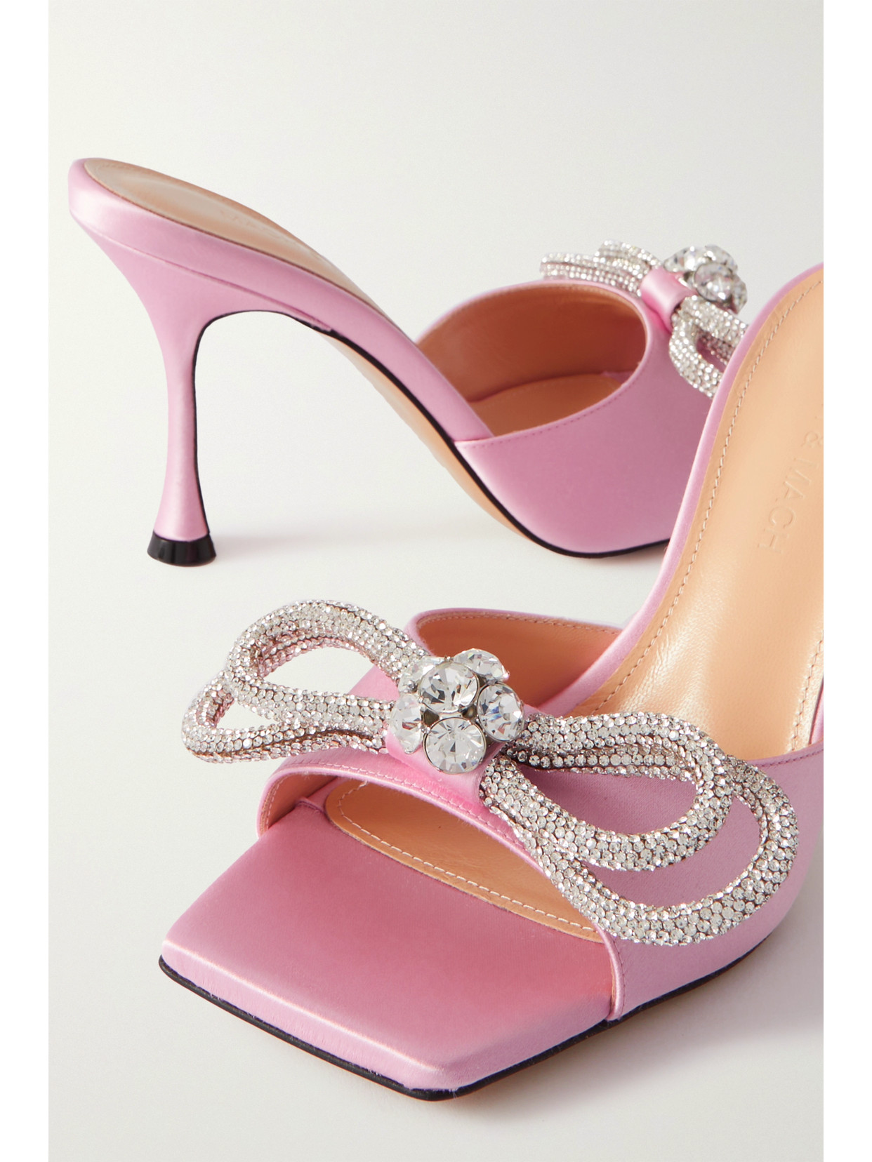 Mach&mach Double Bow Crystal-embellished Satin Mules In Pink