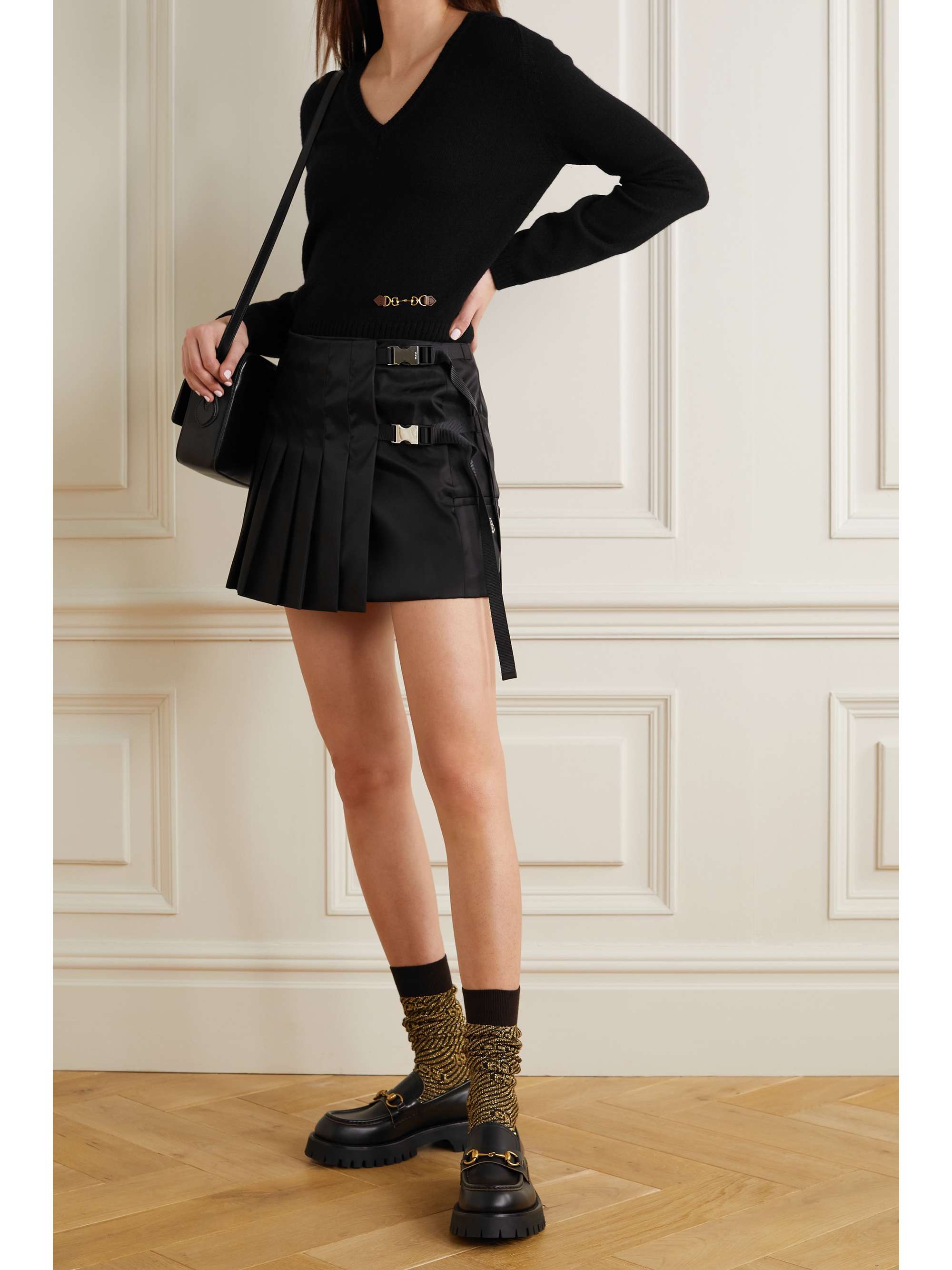 GUCCI Horsebit-detailed leather-trimmed cashmere sweater