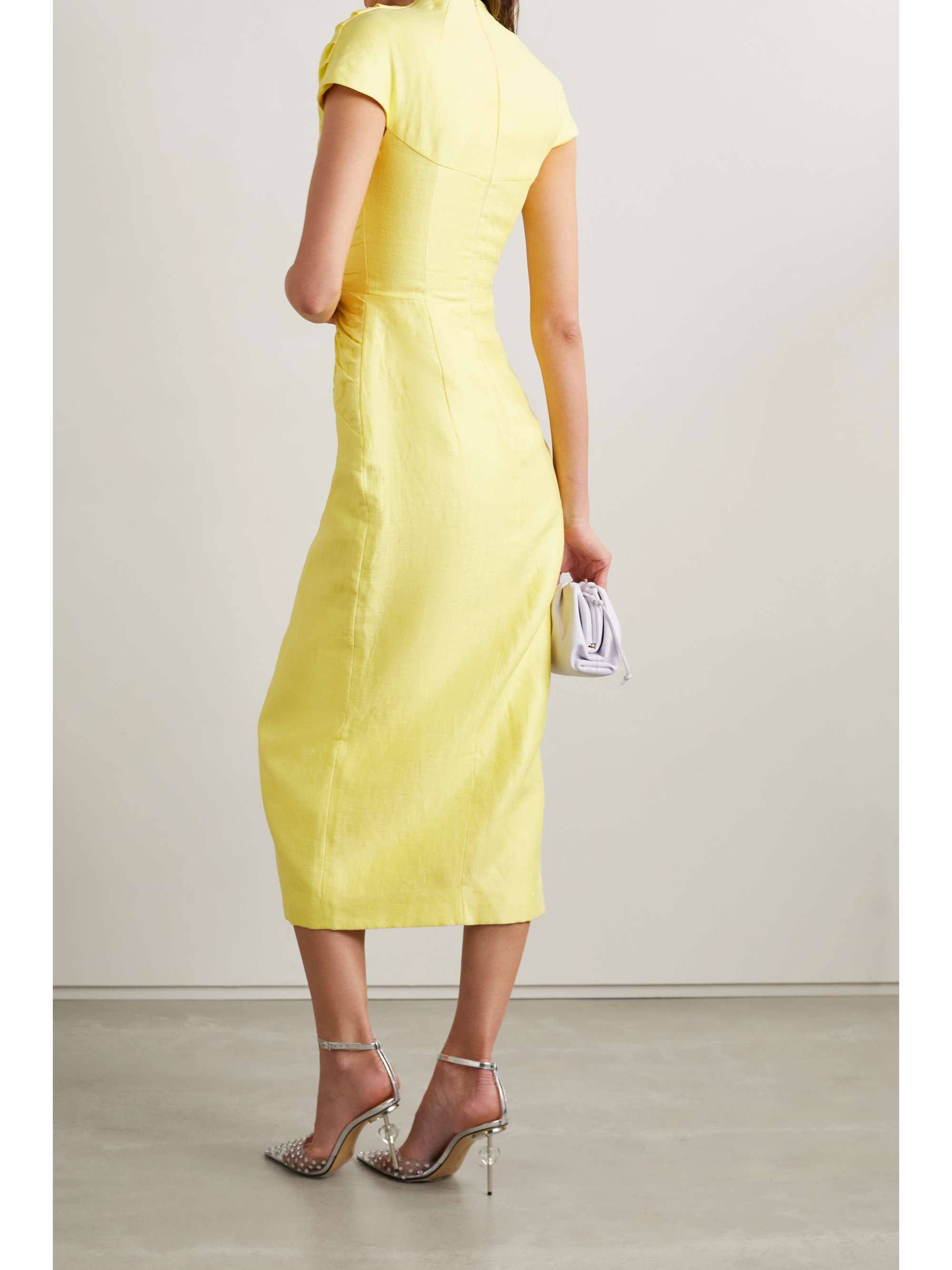 RASARIO Crystal-embellished ruched linen-blend midi dress