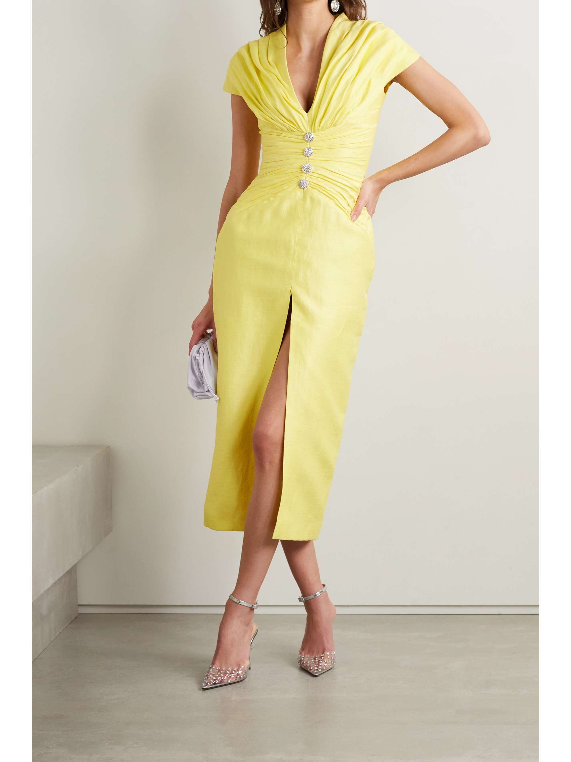 RASARIO Crystal-embellished ruched linen-blend midi dress