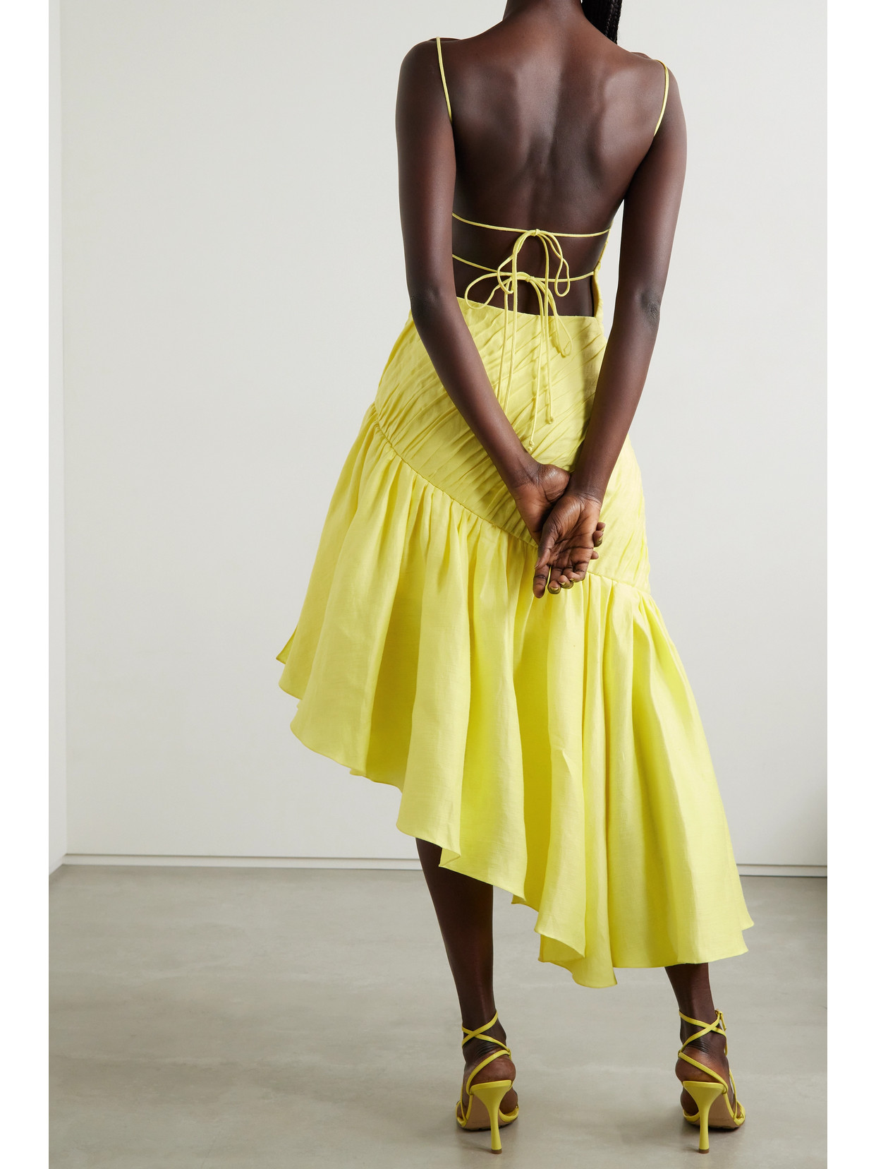 Rasario Asymmetric Ruffled Linen-blend Dress In Yellow