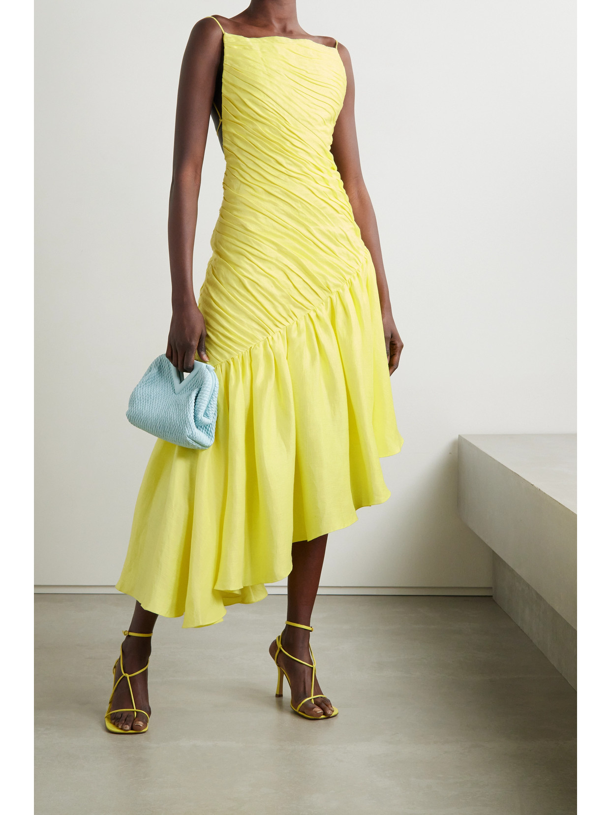 Rasario Asymmetric Ruffled Linen-blend Dress In Yellow