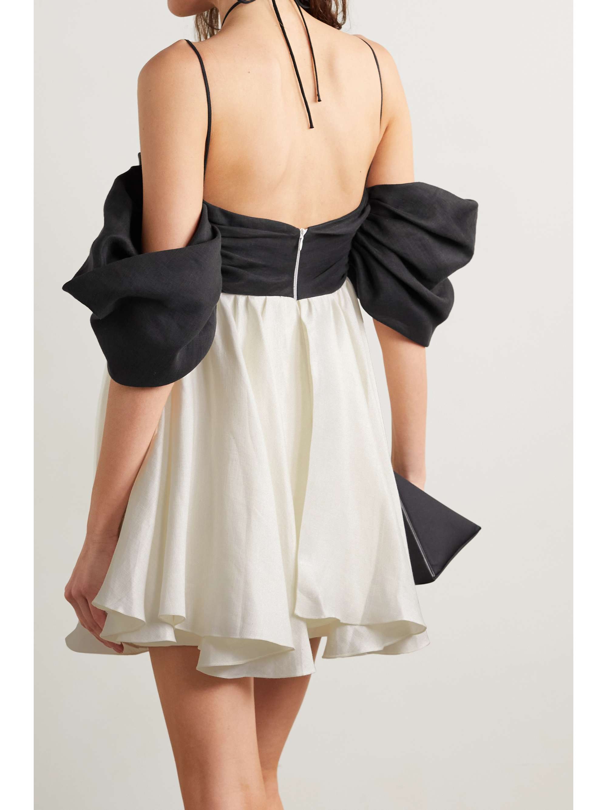 RASARIO Crystal-embellished ruched two-tone linen-blend halterneck mini dress