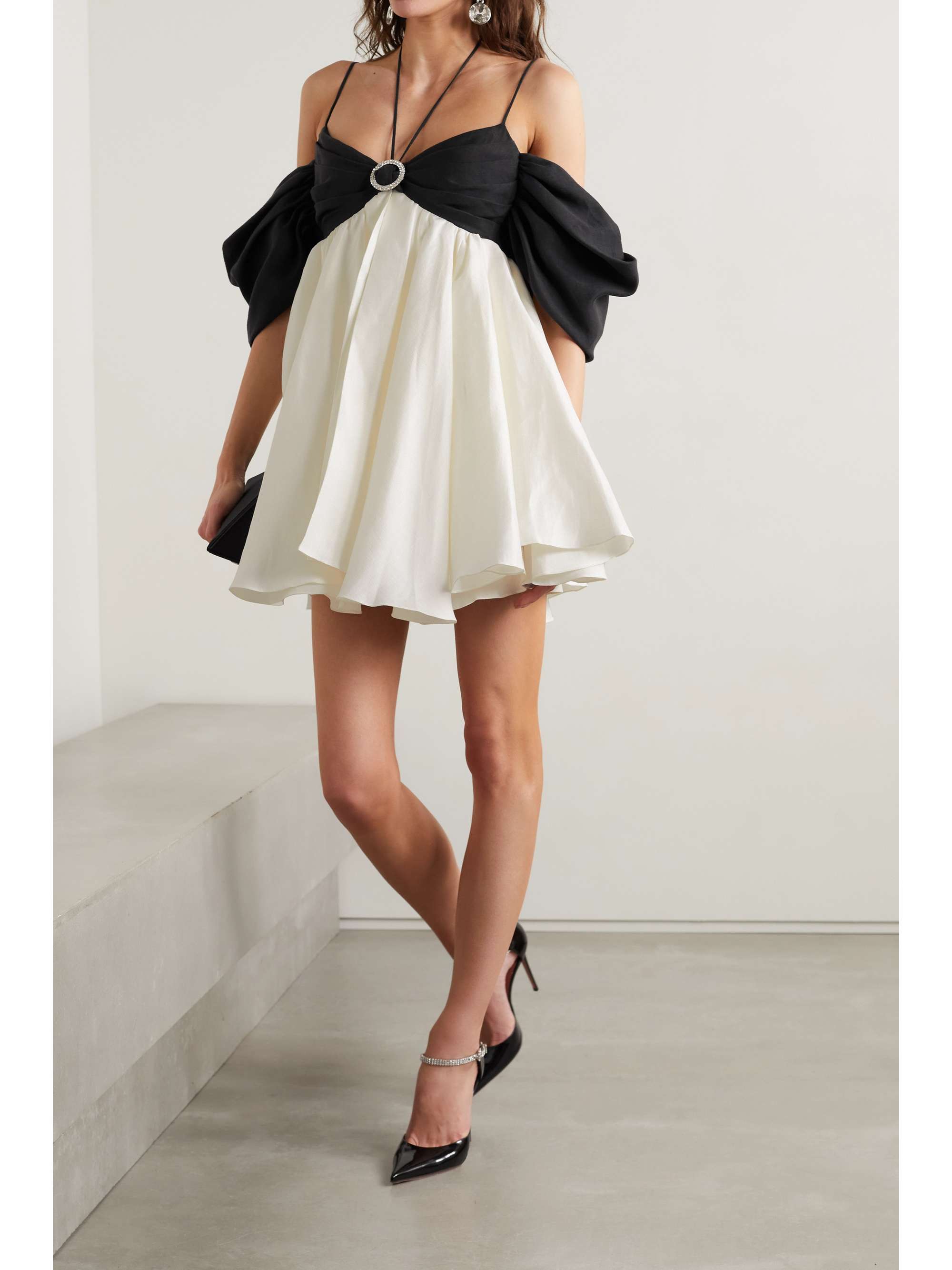 RASARIO Crystal-embellished ruched two-tone linen-blend halterneck mini dress